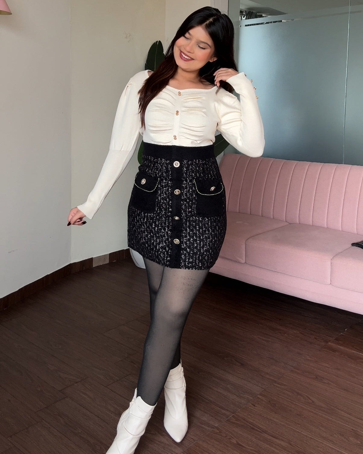 Woollen Golden Detailing Mini Skirt