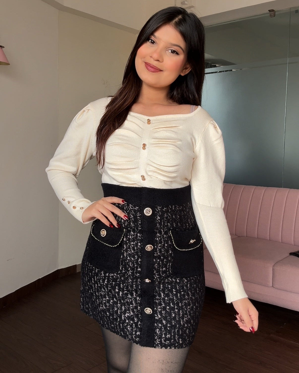 Golden Button Puff Sleeve Diamond Neck Top