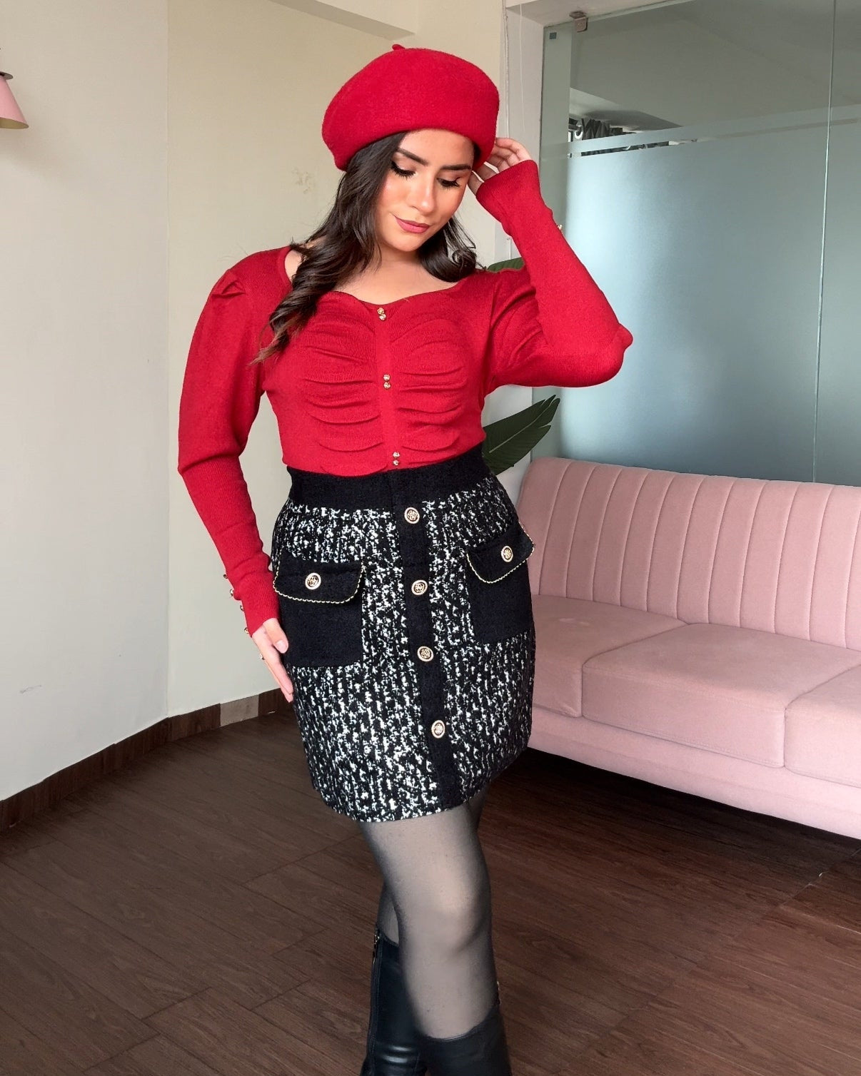 Golden Button Puff Sleeve Diamond Neck Top