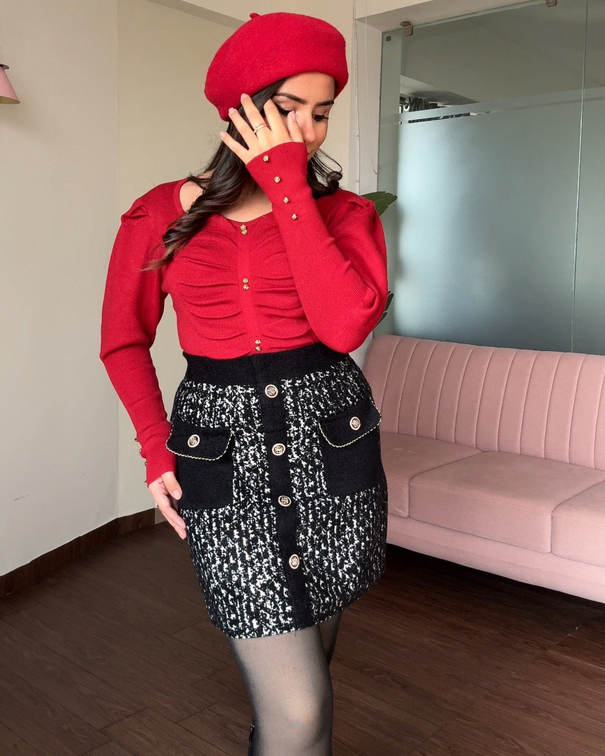 Woollen Golden Detailing Mini Skirt