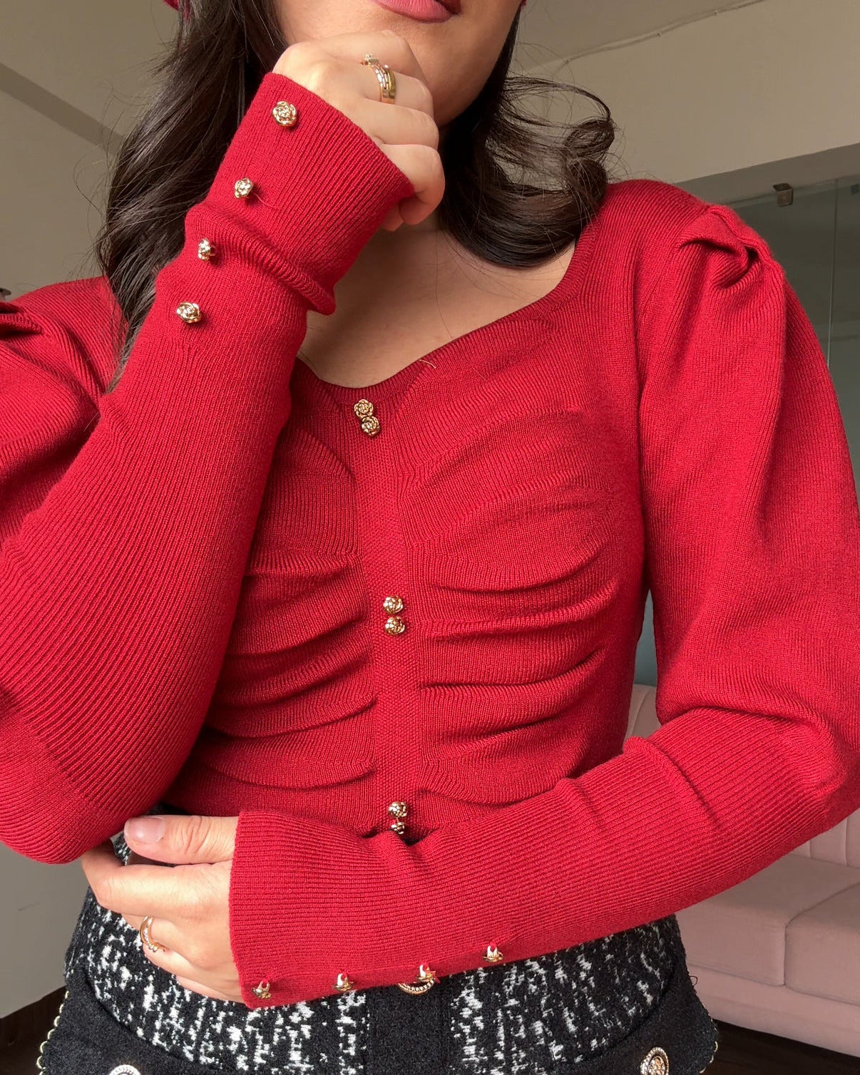 Golden Button Puff Sleeve Diamond Neck Top