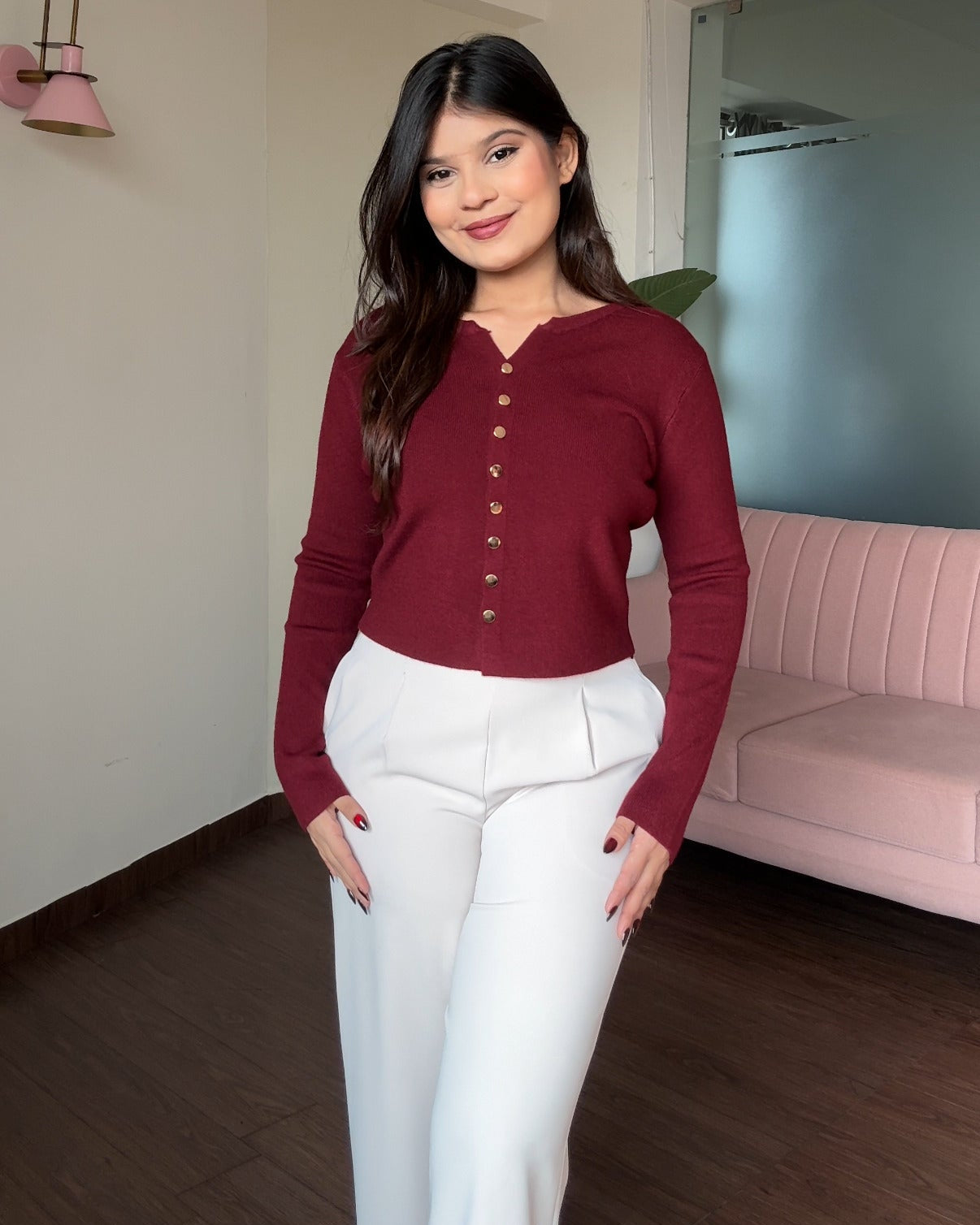 Solid Golden Button Round Neck Top