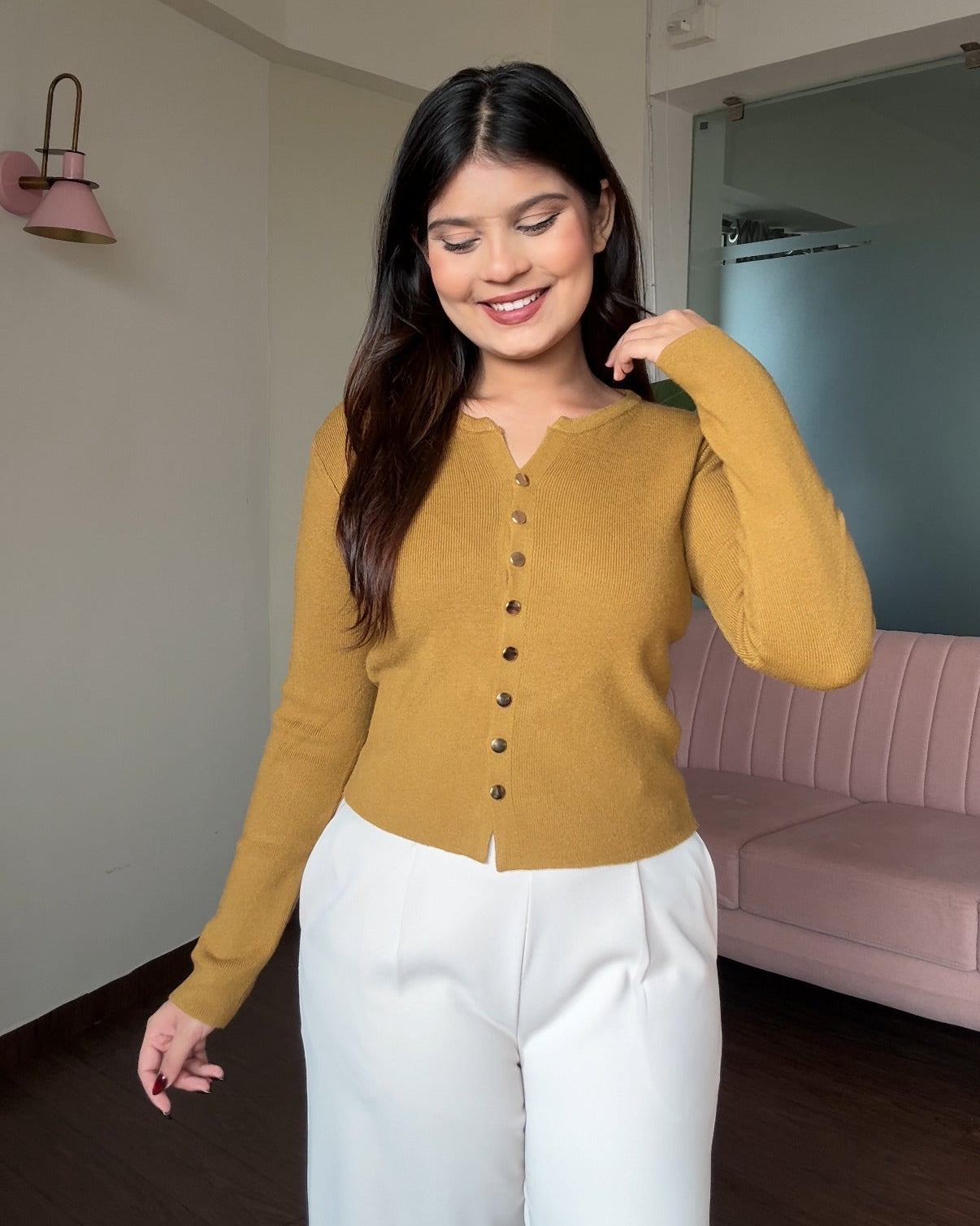 Solid Golden Button Round Neck Top