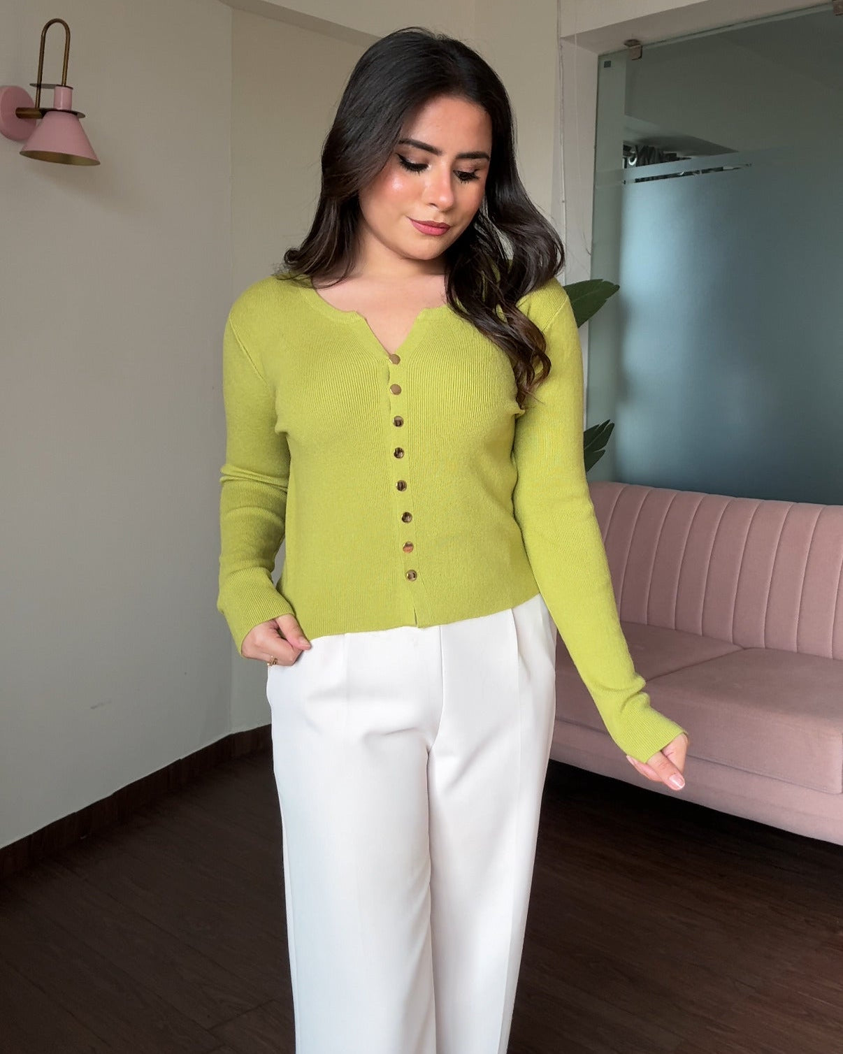 Solid Golden Button Round Neck Top