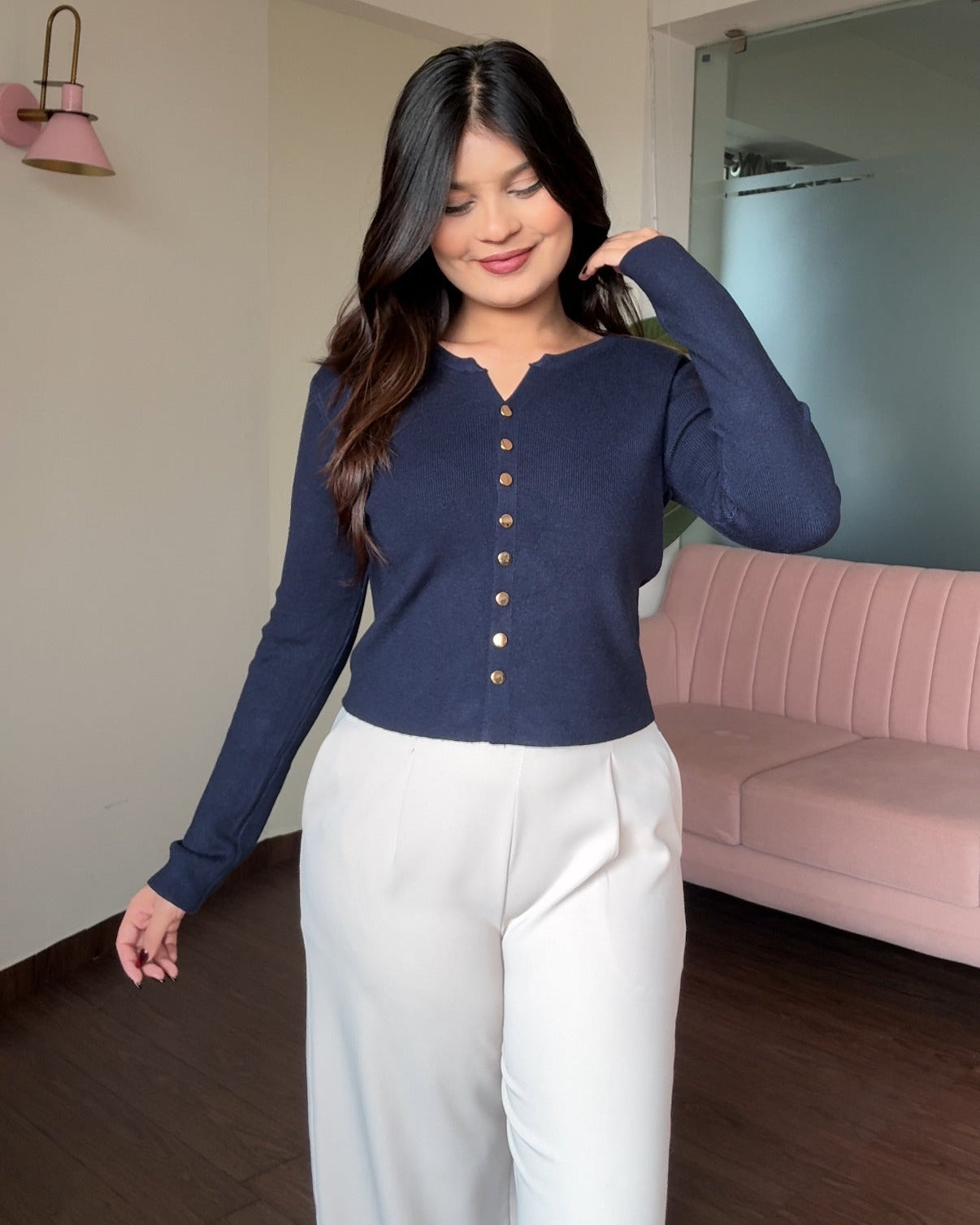 Solid Golden Button Round Neck Top