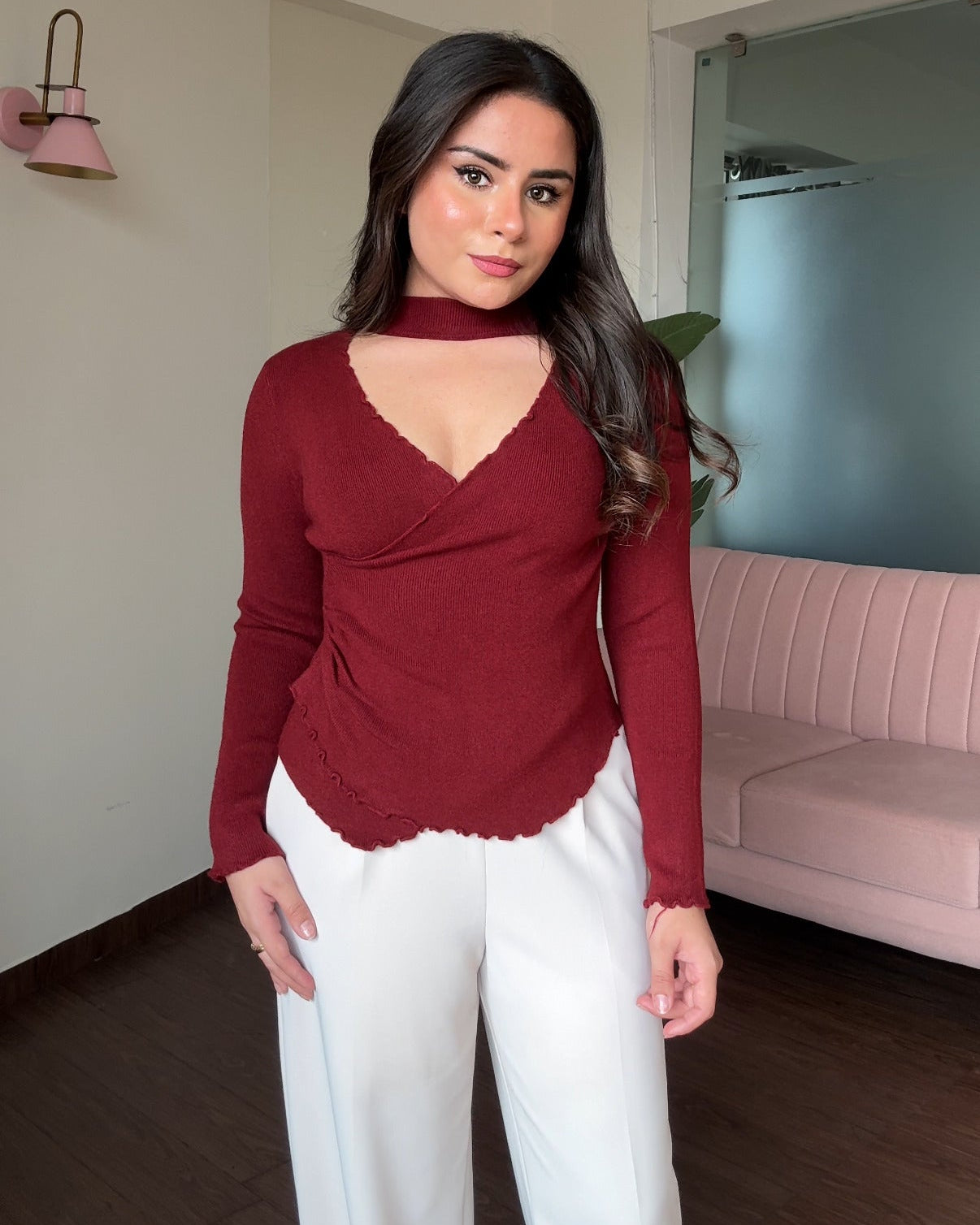 Lettuce Hem V Neck Cut Out Ruched Full Sleeve Top