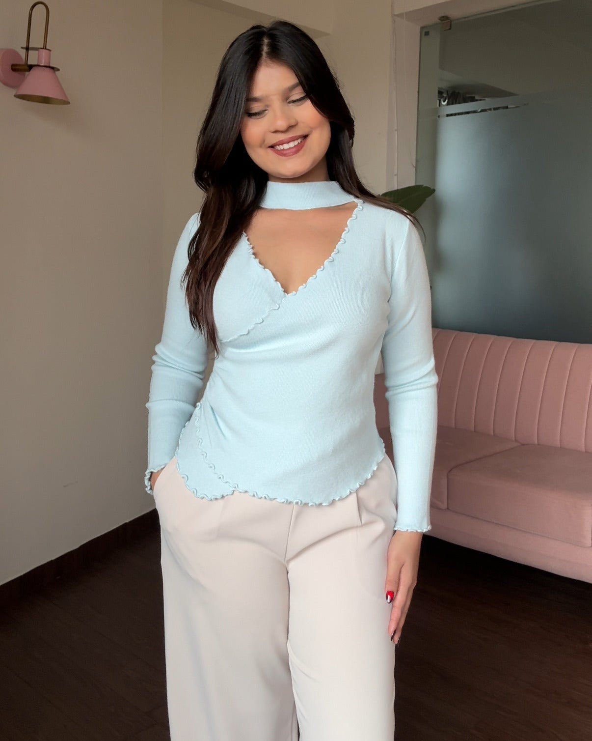 Lettuce Hem V Neck Cut Out Ruched Full Sleeve Top