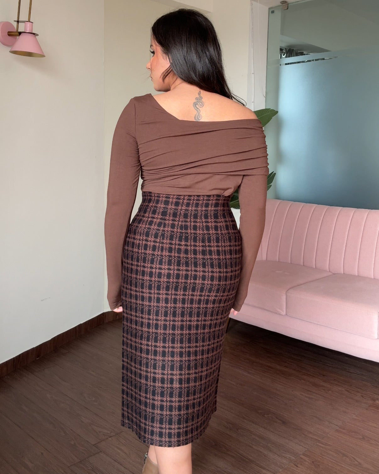 Woollen Checker Pattern Pearl Button Detailing Midi Skirt