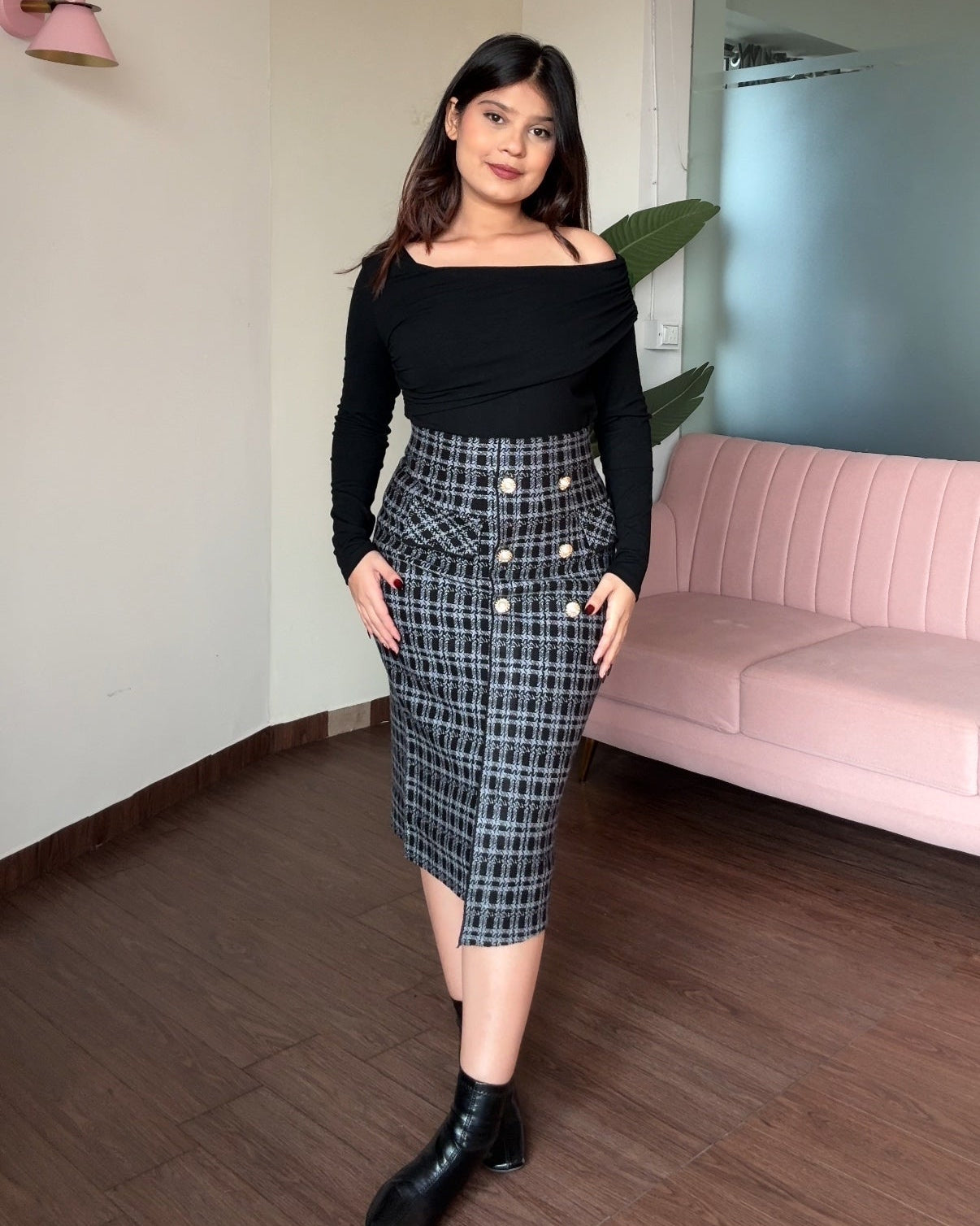 Woollen Checker Pattern Pearl Button Detailing Midi Skirt