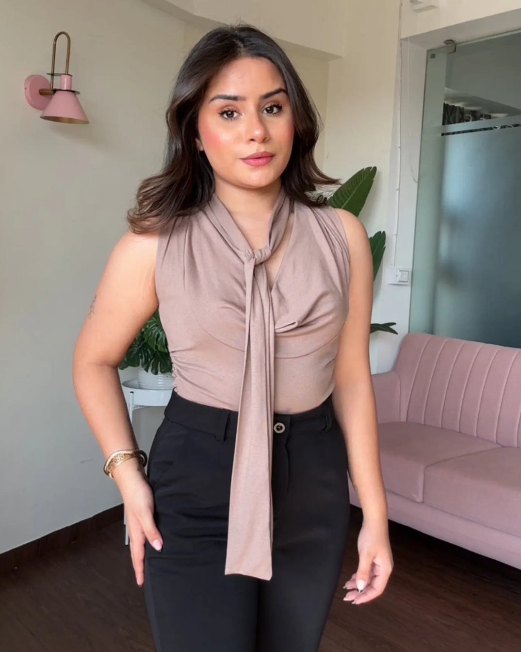 Cut Sleeve Cowl Neck Tie Up Top