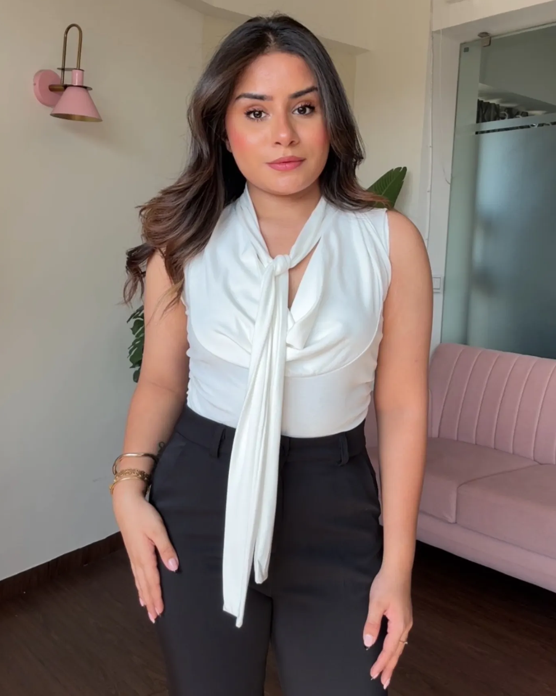 Cut Sleeve Cowl Neck Tie Up Top