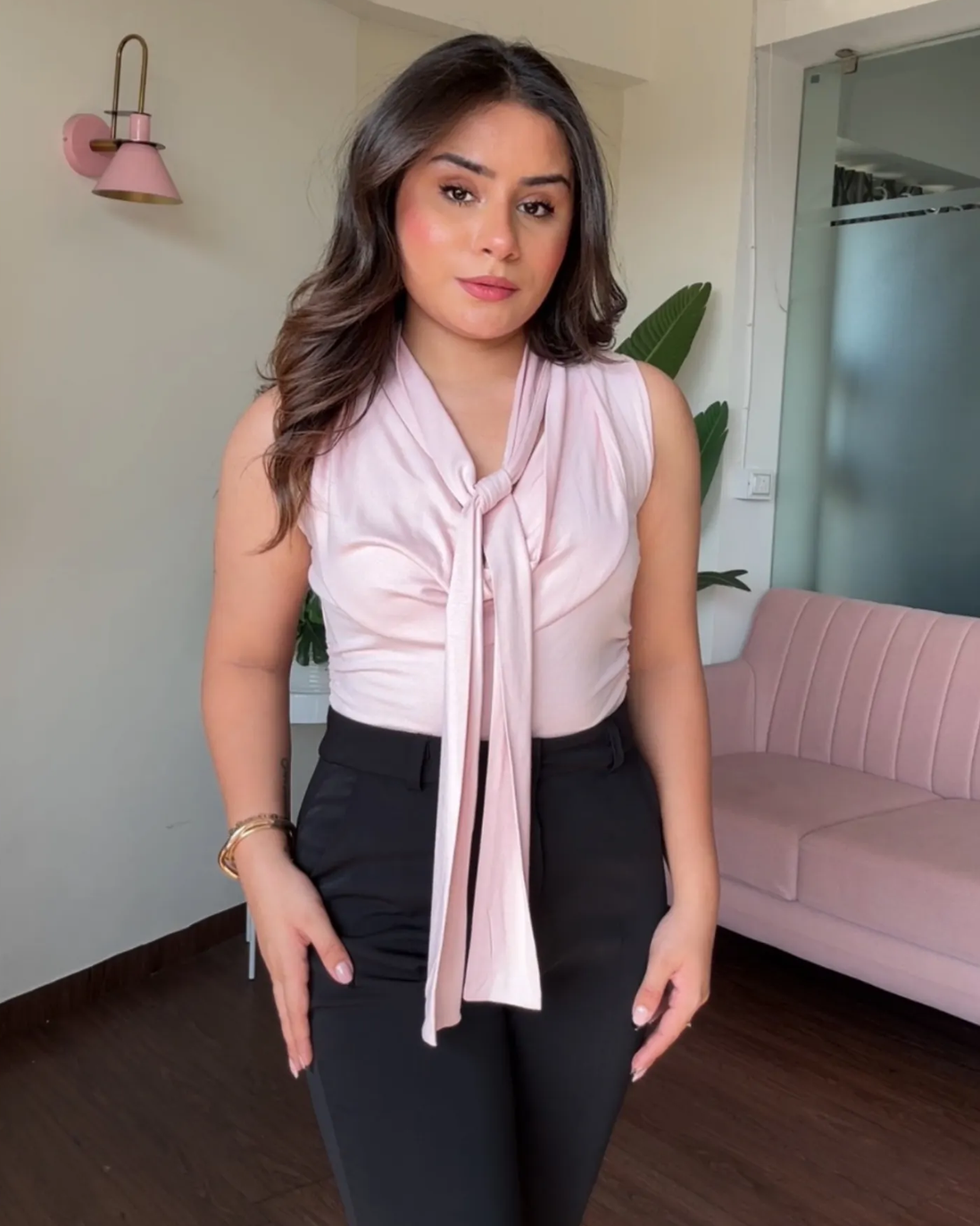 Cut Sleeve Cowl Neck Tie Up Top