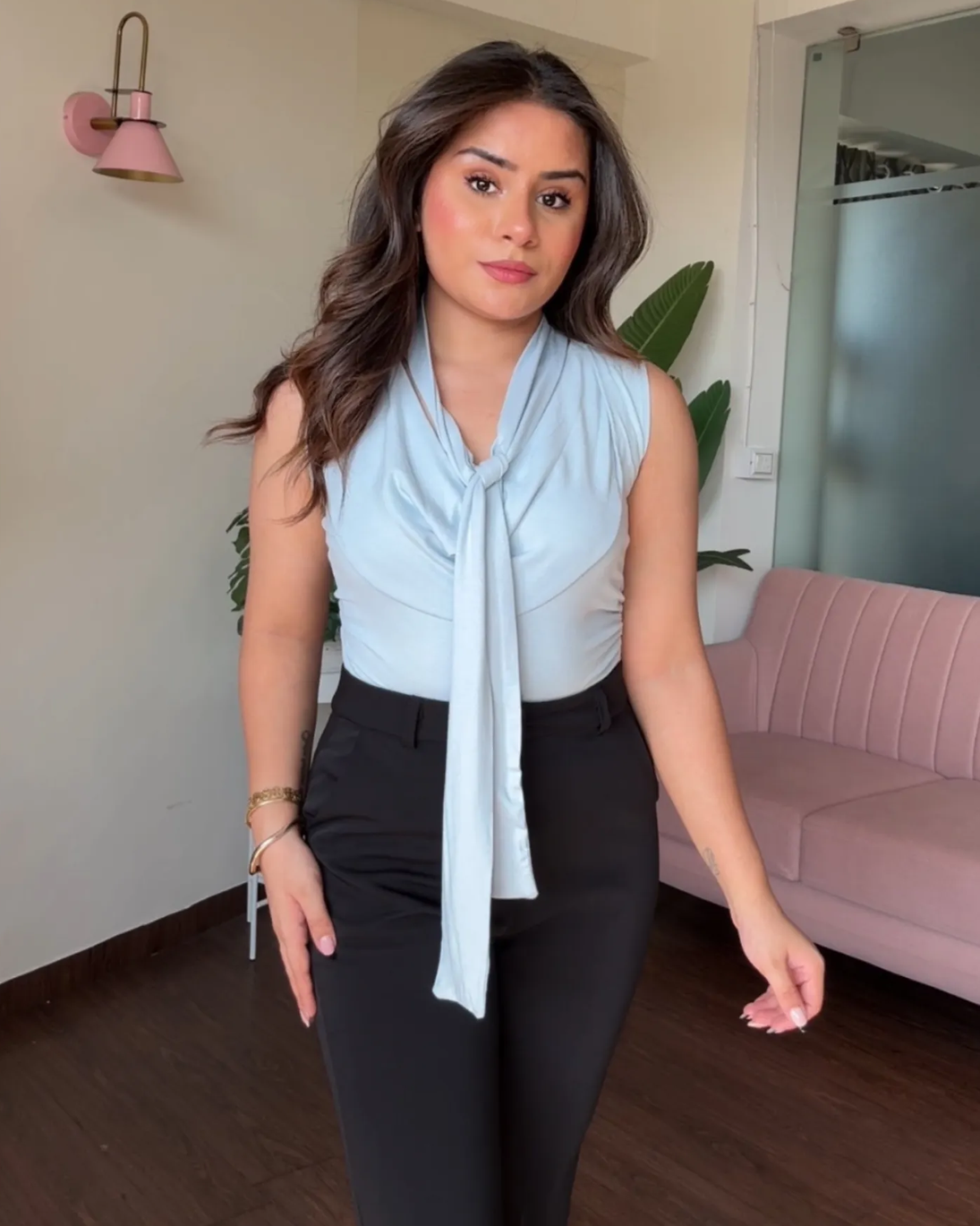 Cut Sleeve Cowl Neck Tie Up Top