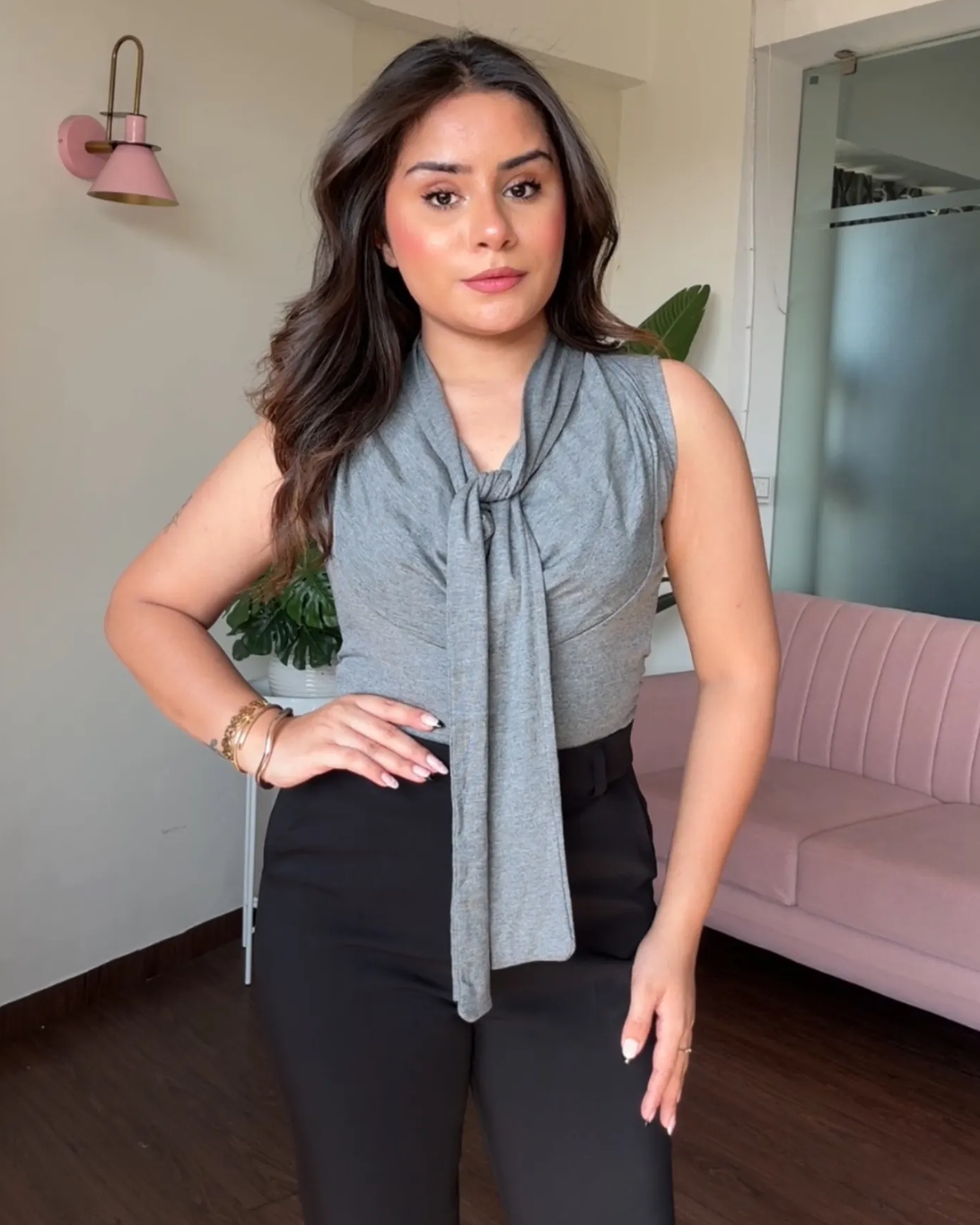 Cut Sleeve Cowl Neck Tie Up Top