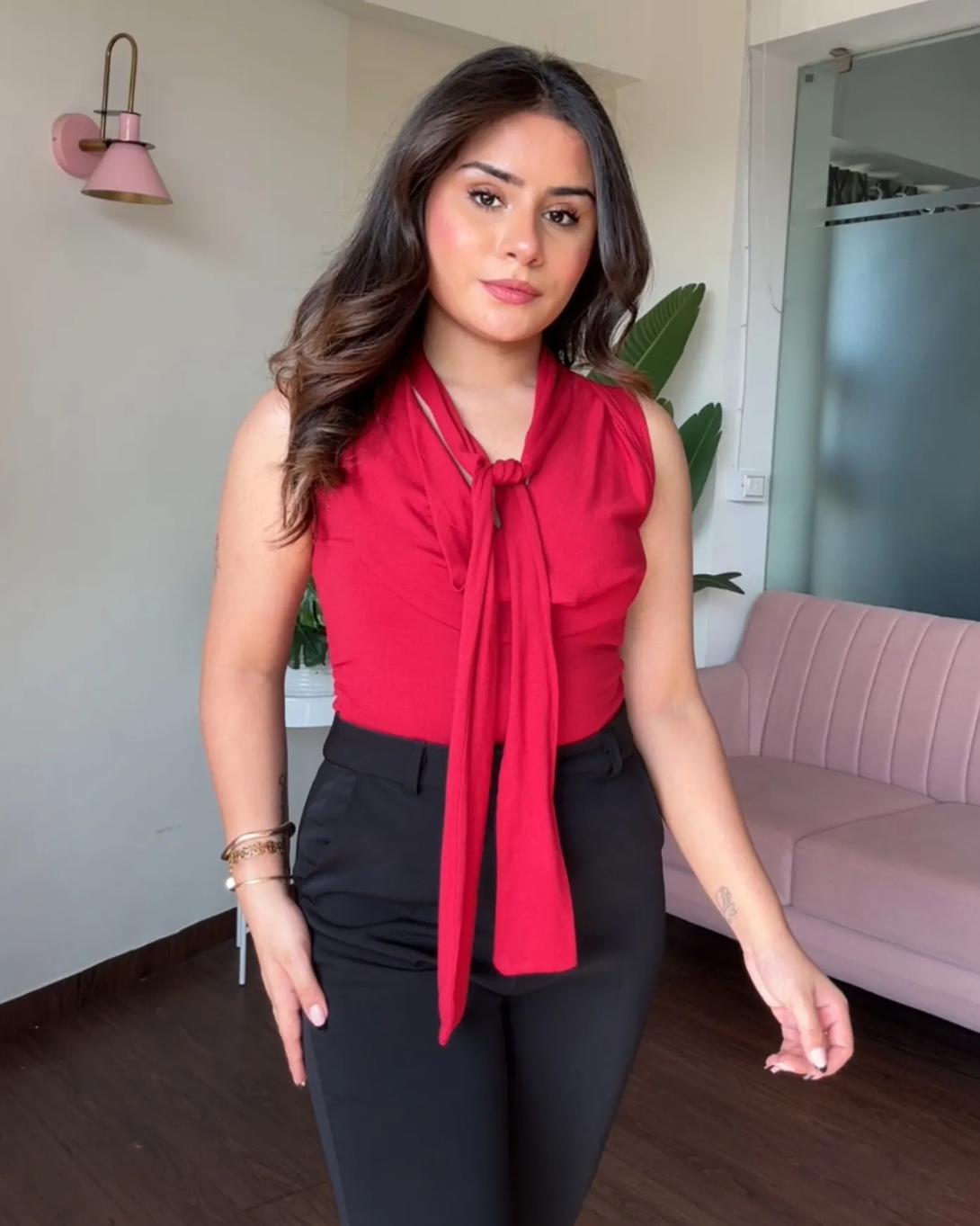 Cut Sleeve Cowl Neck Tie Up Top