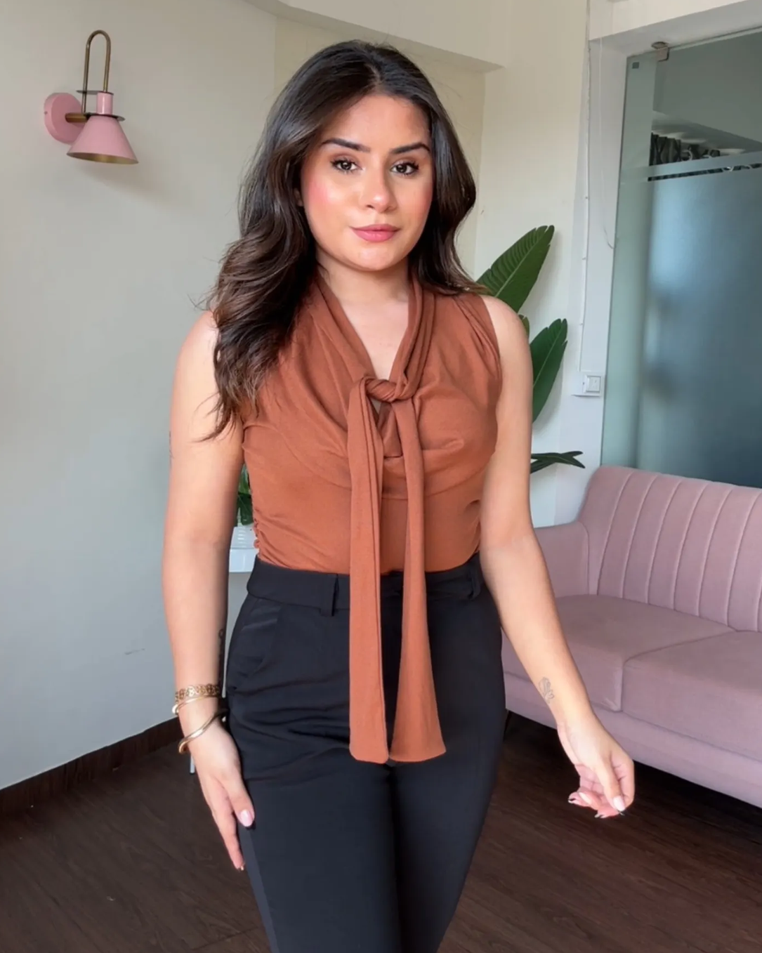 Cut Sleeve Cowl Neck Tie Up Top