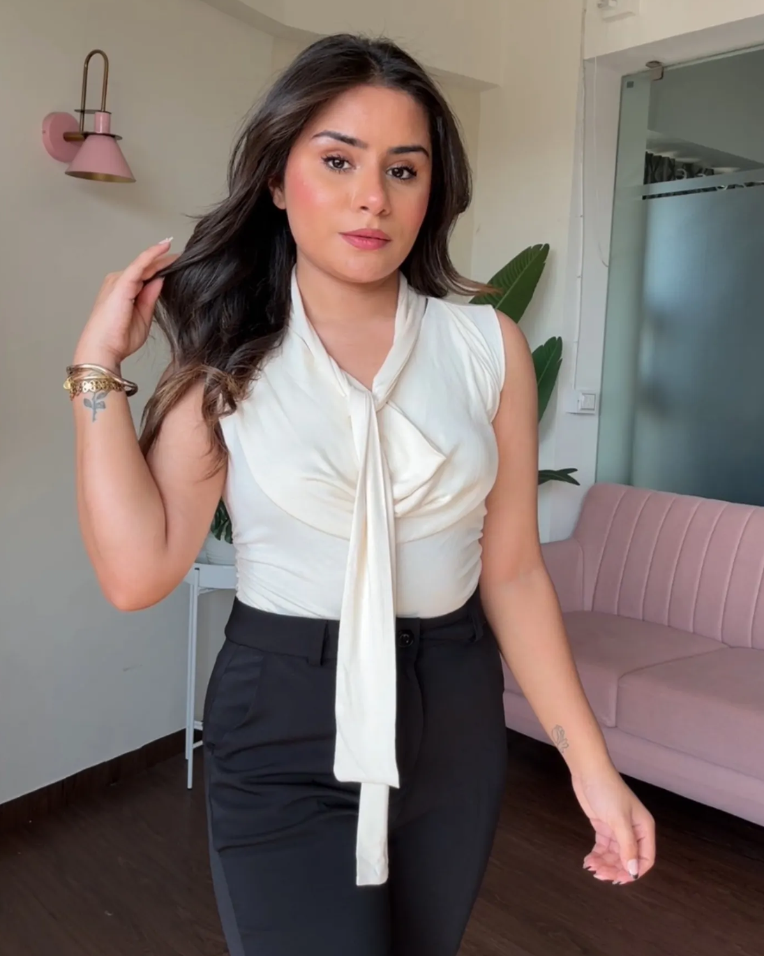 Cut Sleeve Cowl Neck Tie Up Top