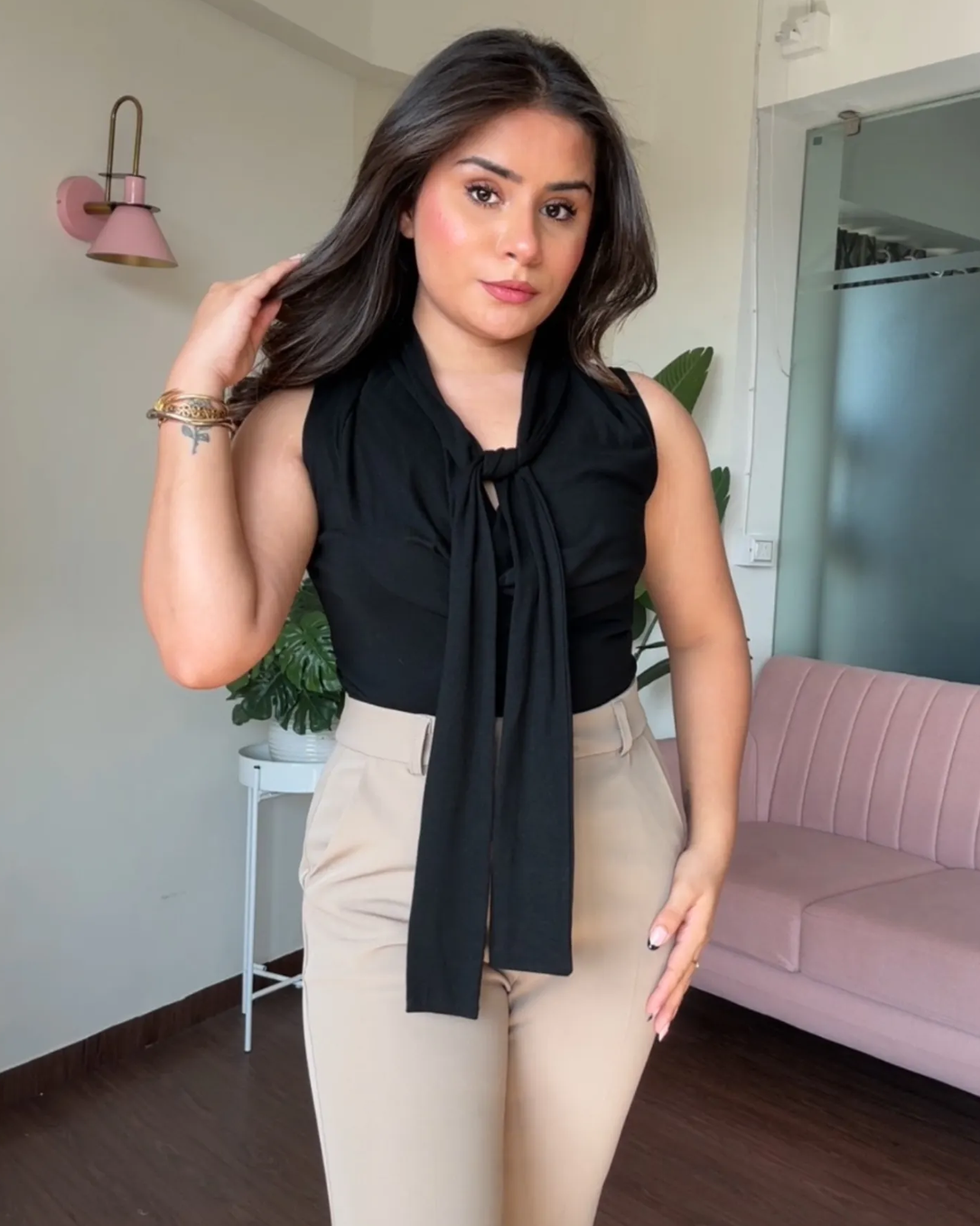 Cut Sleeve Cowl Neck Tie Up Top