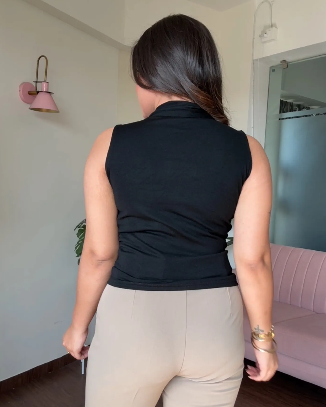 Cut Sleeve Cowl Neck Tie Up Top