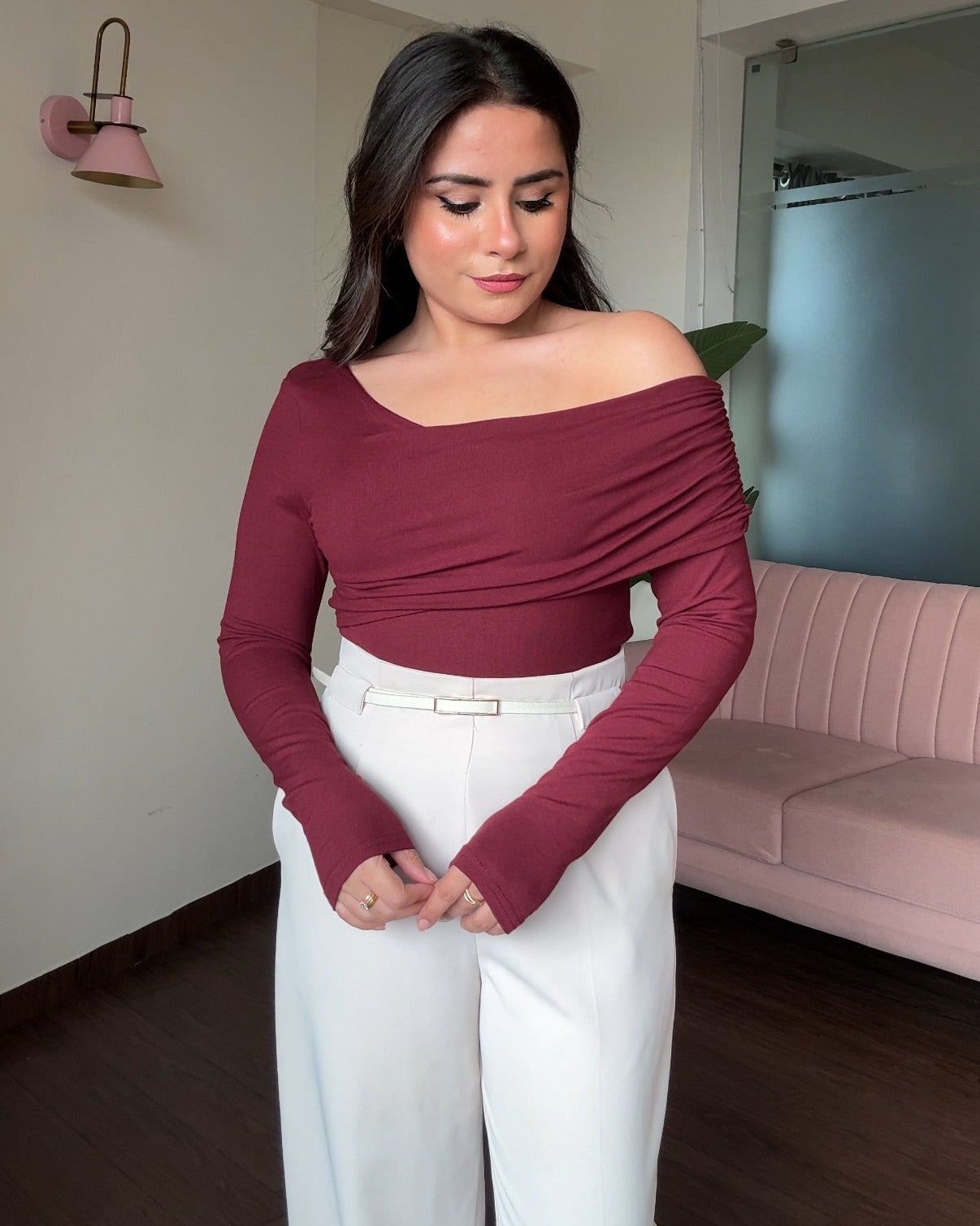 Ruched Detailing One Shoulder Full Sleeve Fitted Top