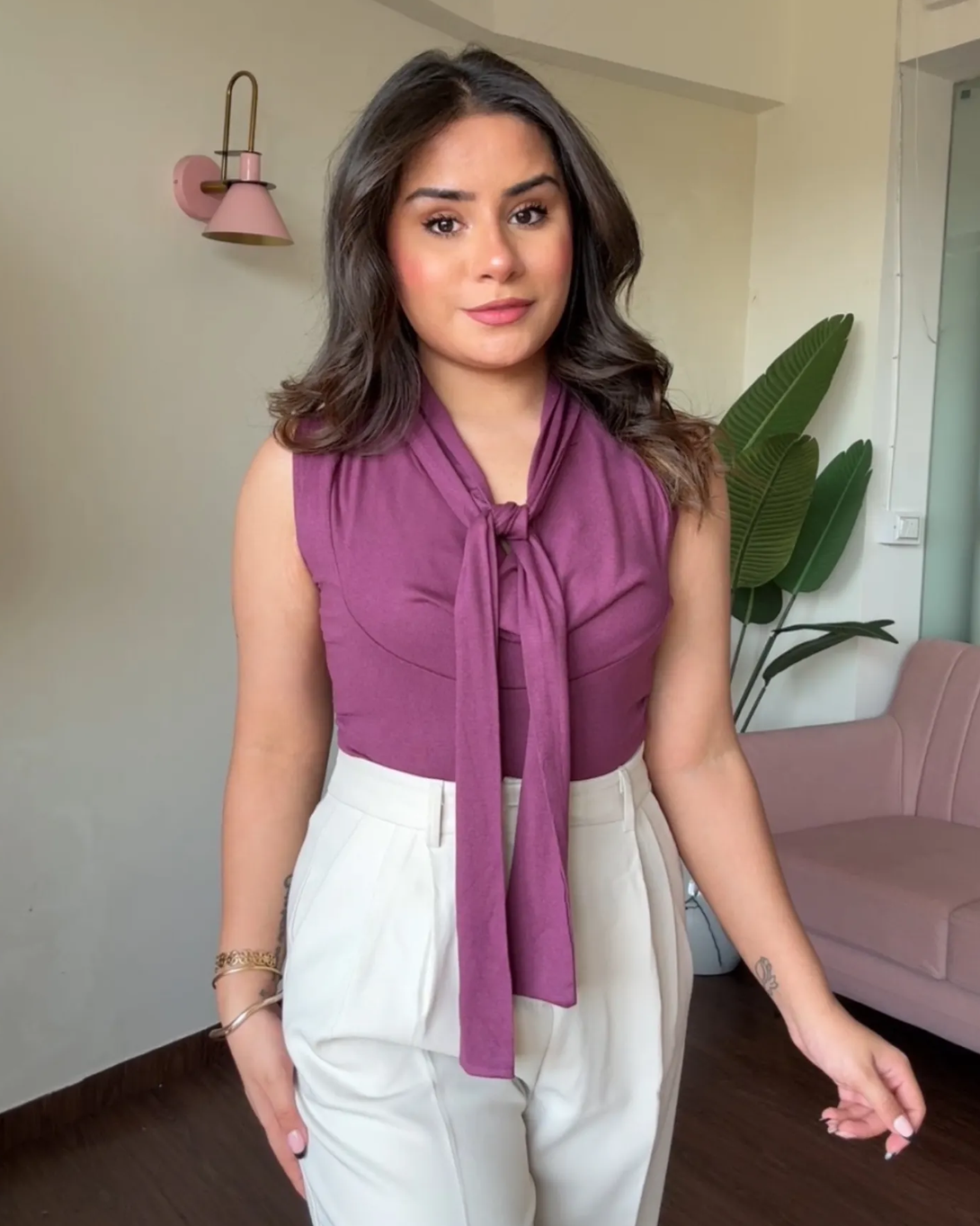 Cut Sleeve Cowl Neck Tie Up Top