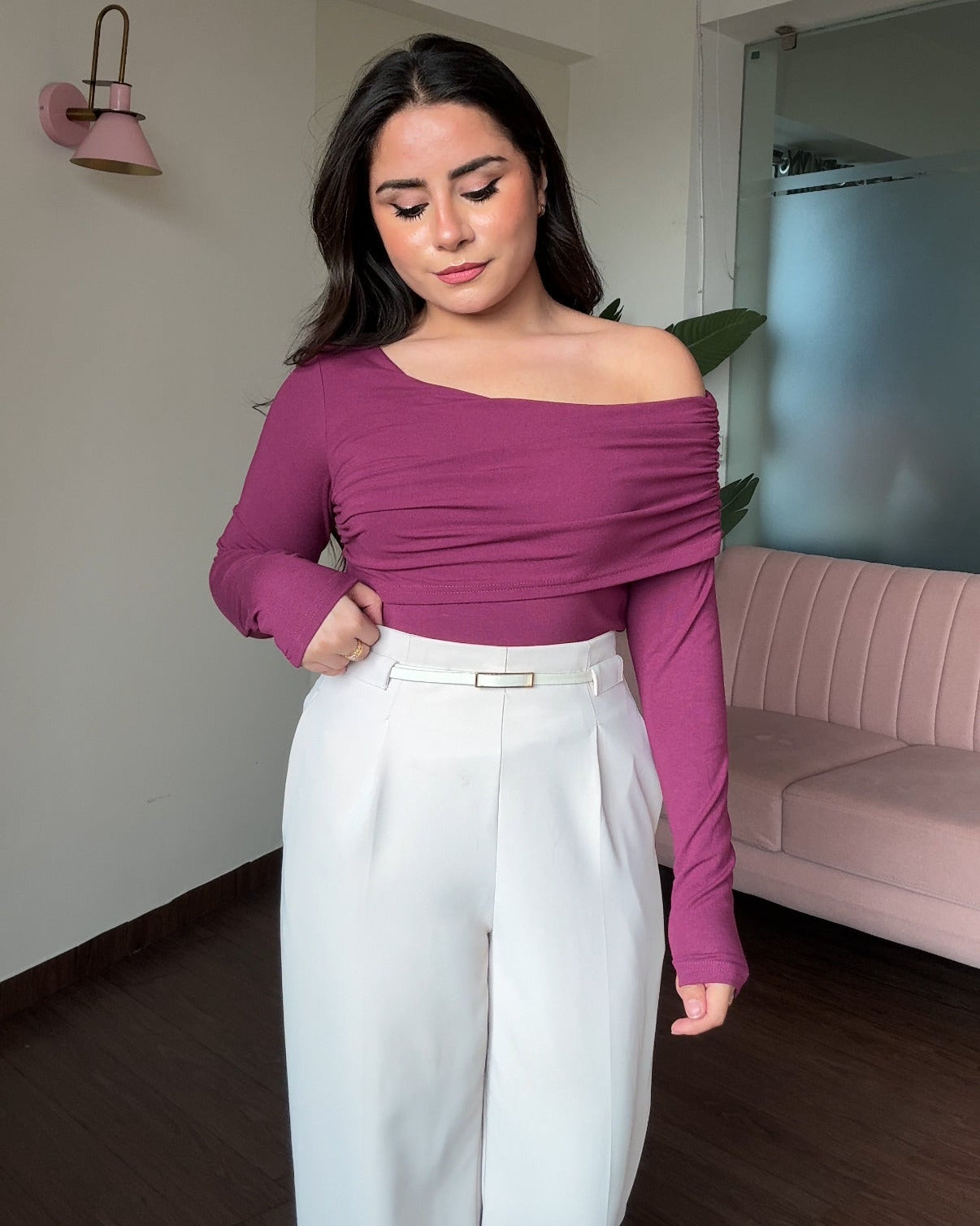 Ruched Detailing One Shoulder Full Sleeve Fitted Top