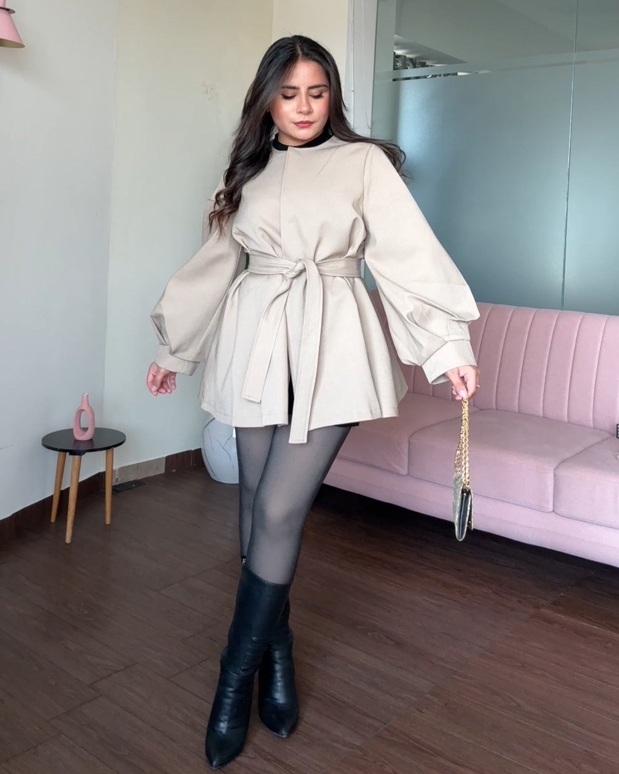 Balloon Sleeve Clip-Up Flared Mini Trench Coat With Belt