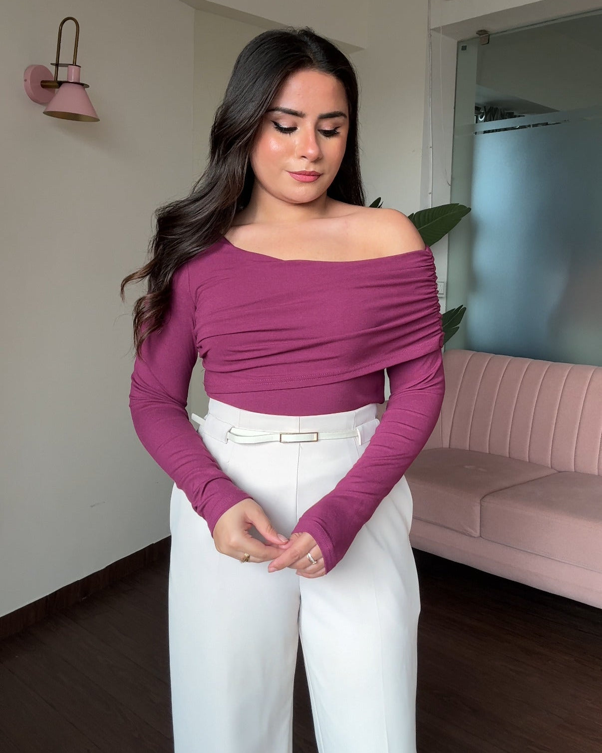 Ruched Detailing One-Shoulder Full Sleeve Fitted Top