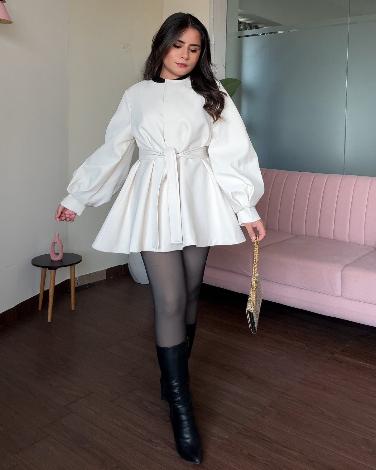 Balloon Sleeve Clip-Up Flared Mini Trench Coat With Belt