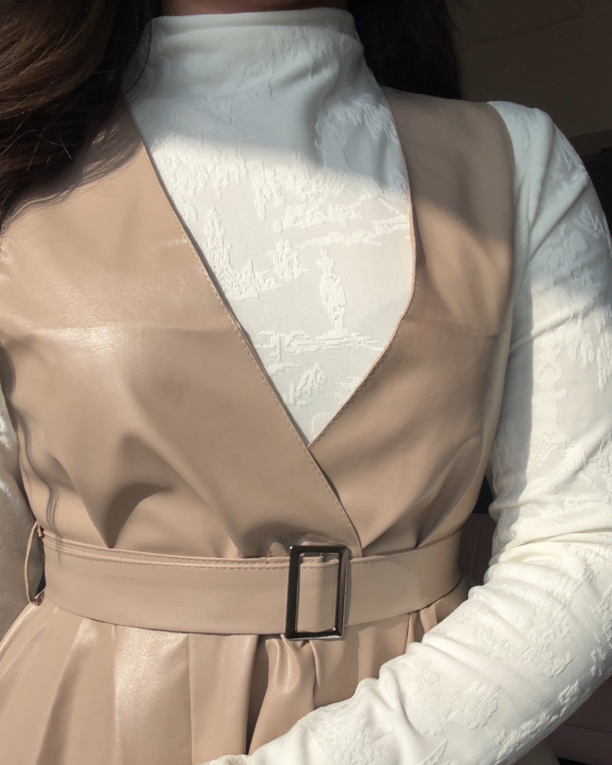 3-Piece Leather Detailing Peplum Belted Top