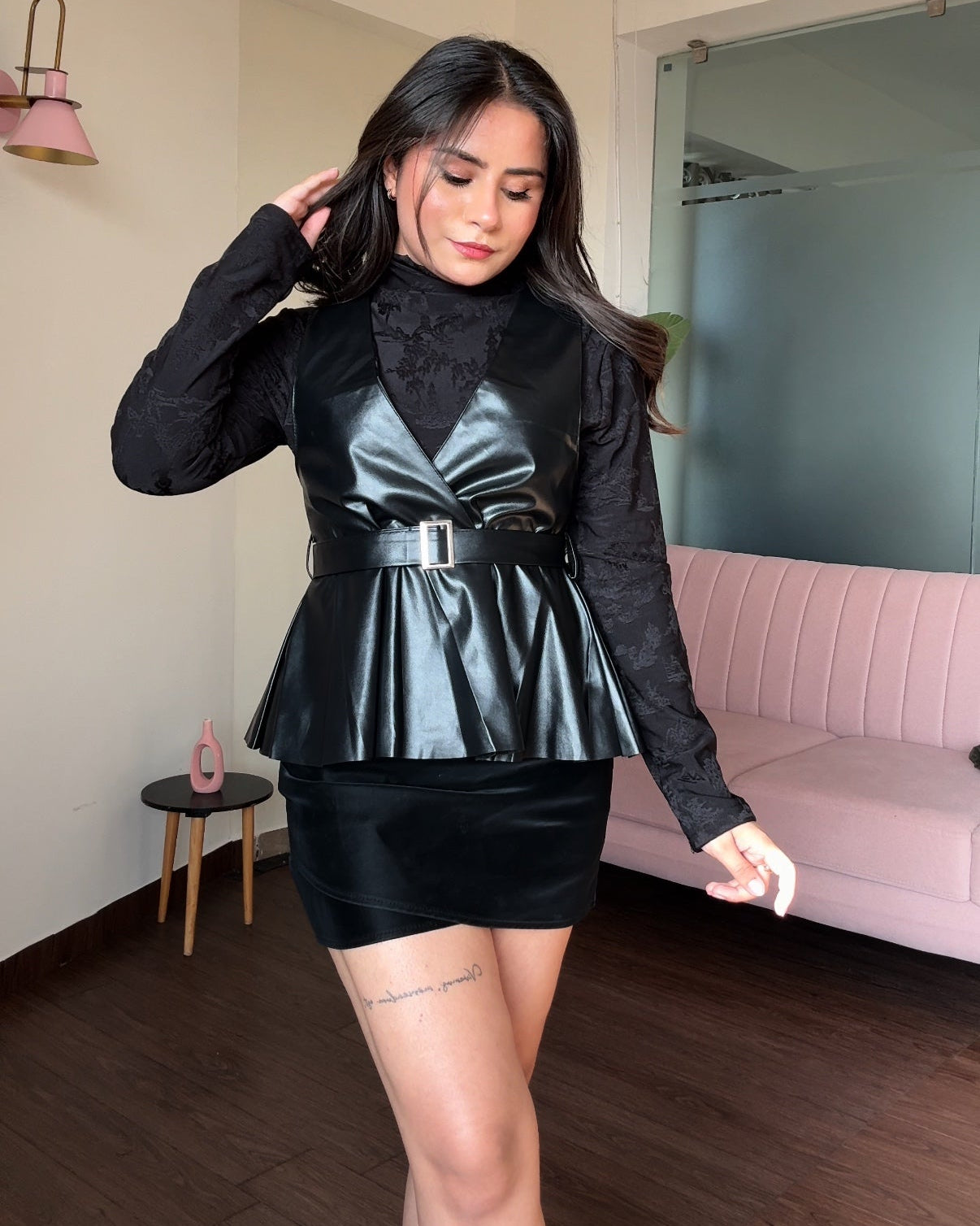 3-Piece Leather Detailing Peplum Belted Top