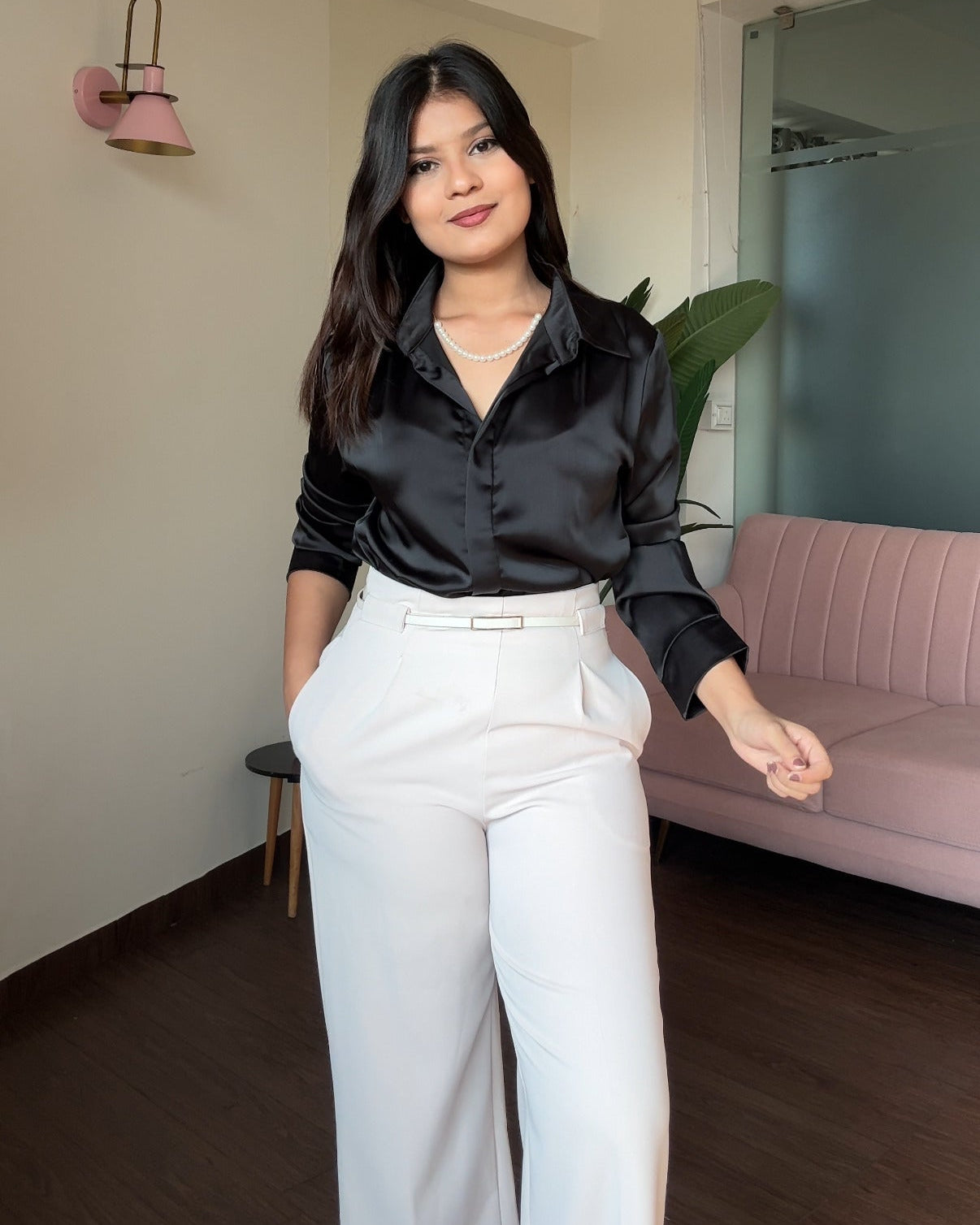 Satin Pearl Necklace Full Sleeve Blouse