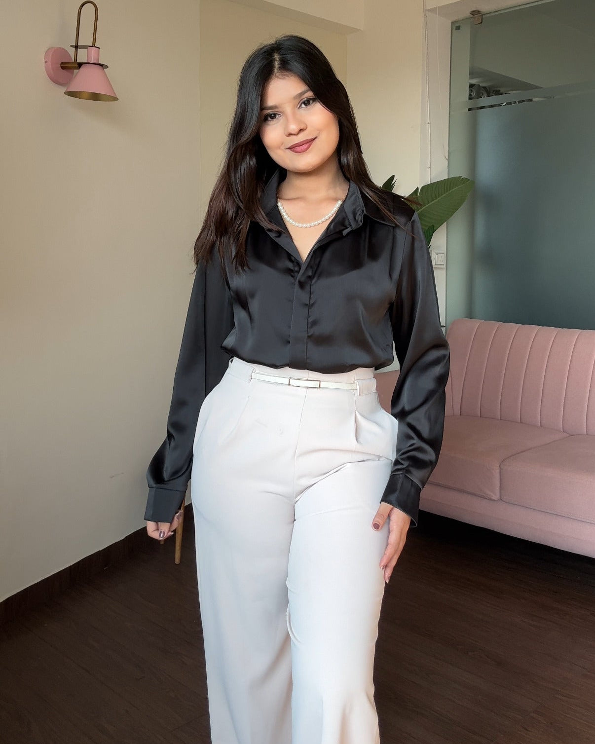 Satin Pearl Necklace Full Sleeve Blouse