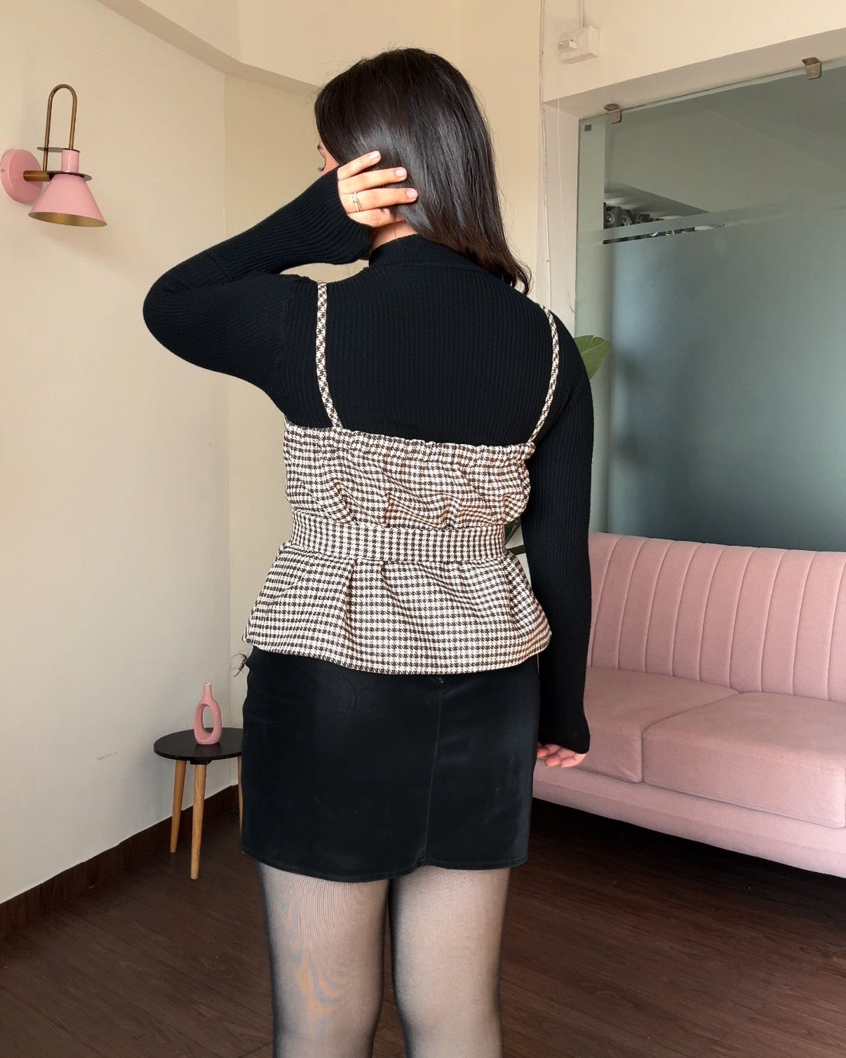 3-Piece Houndstooth Pattern Vest Top With Belt