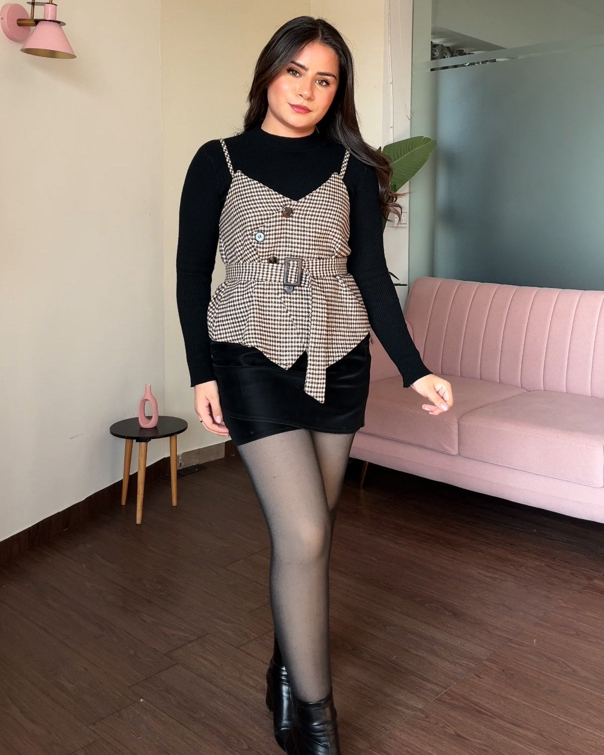 3-Piece Houndstooth Pattern Vest Top With Belt