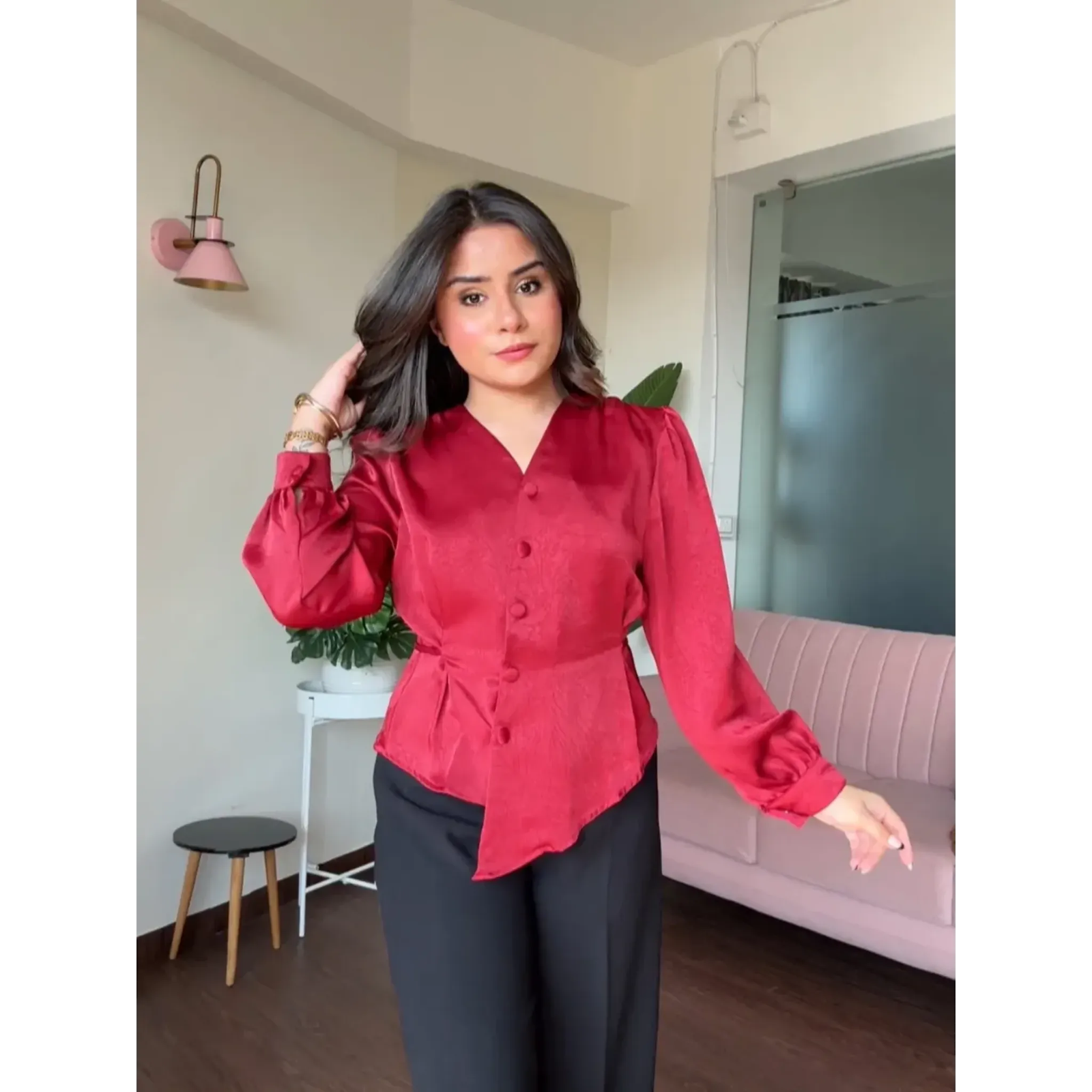 Satin Back Tie Up Full Sleeves Top