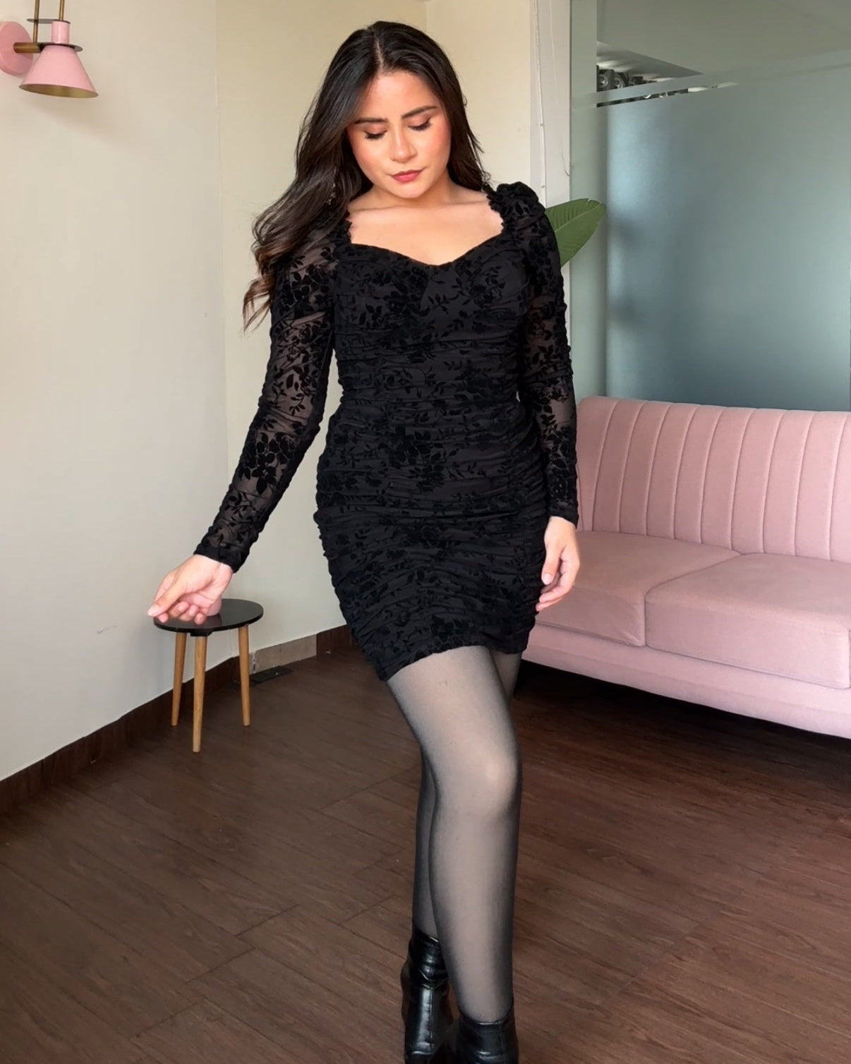 Mesh Floral Velvet Embroidered Ruched Mini Dress