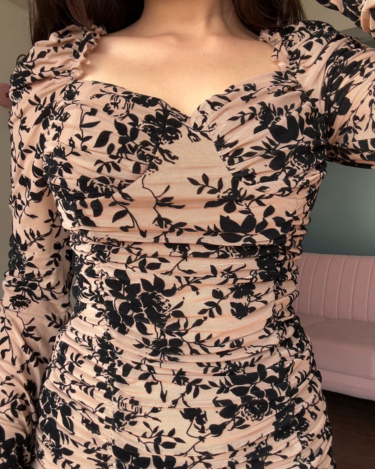 Mesh Floral Velvet Embroidered Ruched Mini Dress