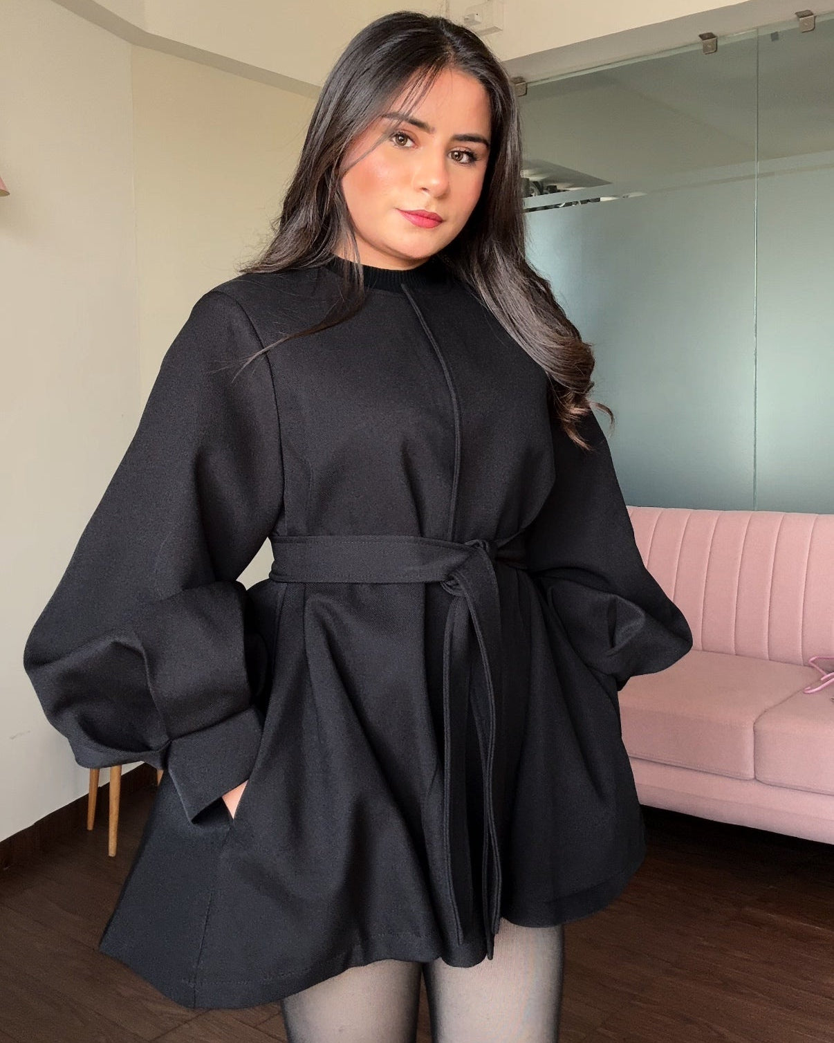 Balloon Sleeve Clip-Up Flared Mini Trench Coat With Belt