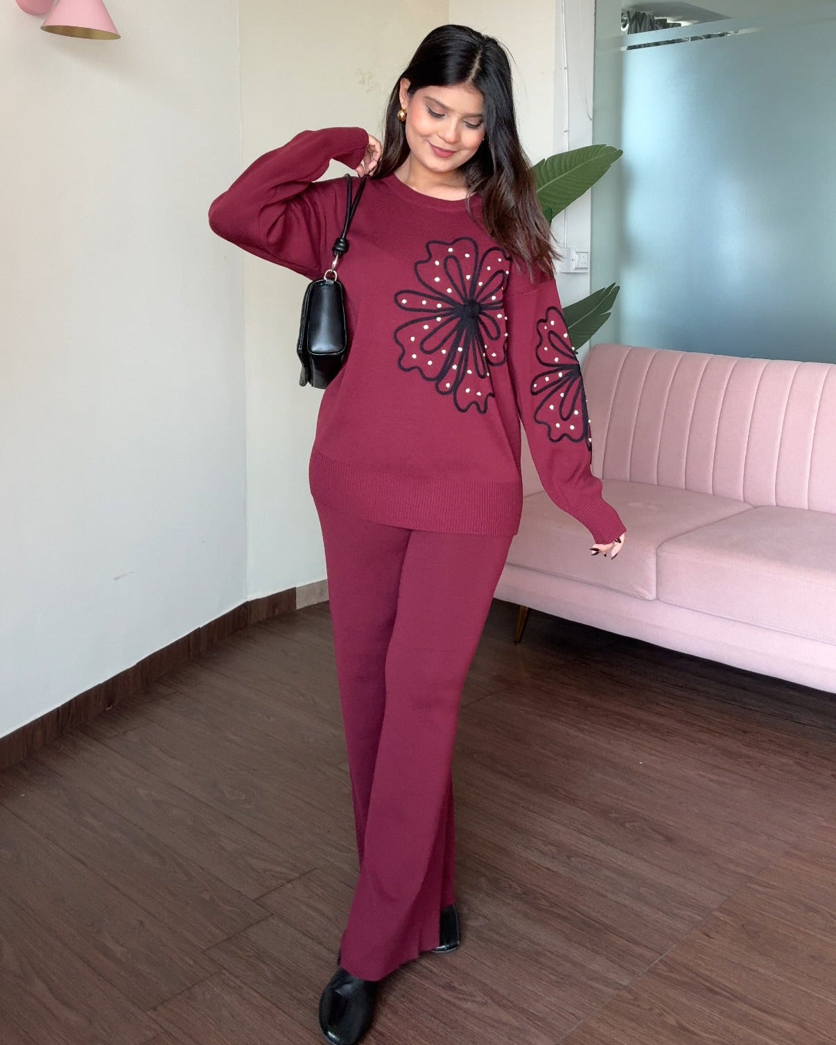 Wine Embellished Flower Detailing Co-ord Set