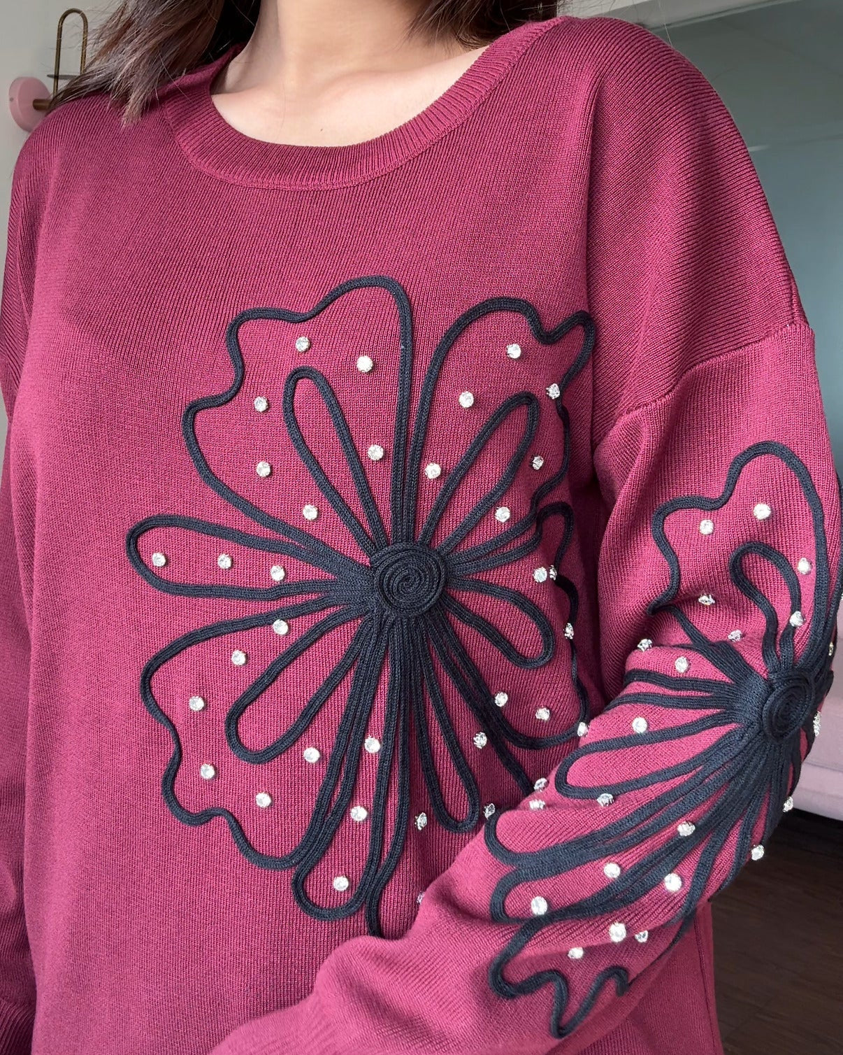 Wine Embellished Flower Detailing Co-ord Set