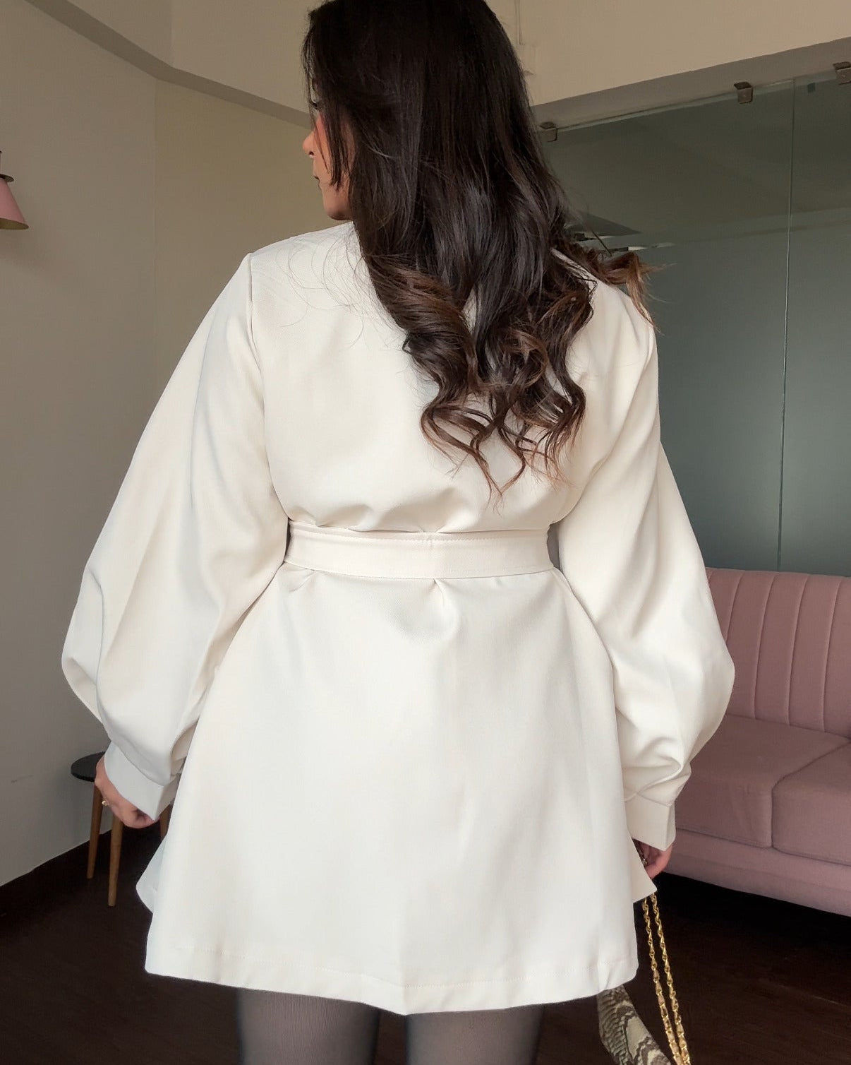 Balloon Sleeve Clip-Up Flared Mini Trench Coat With Belt