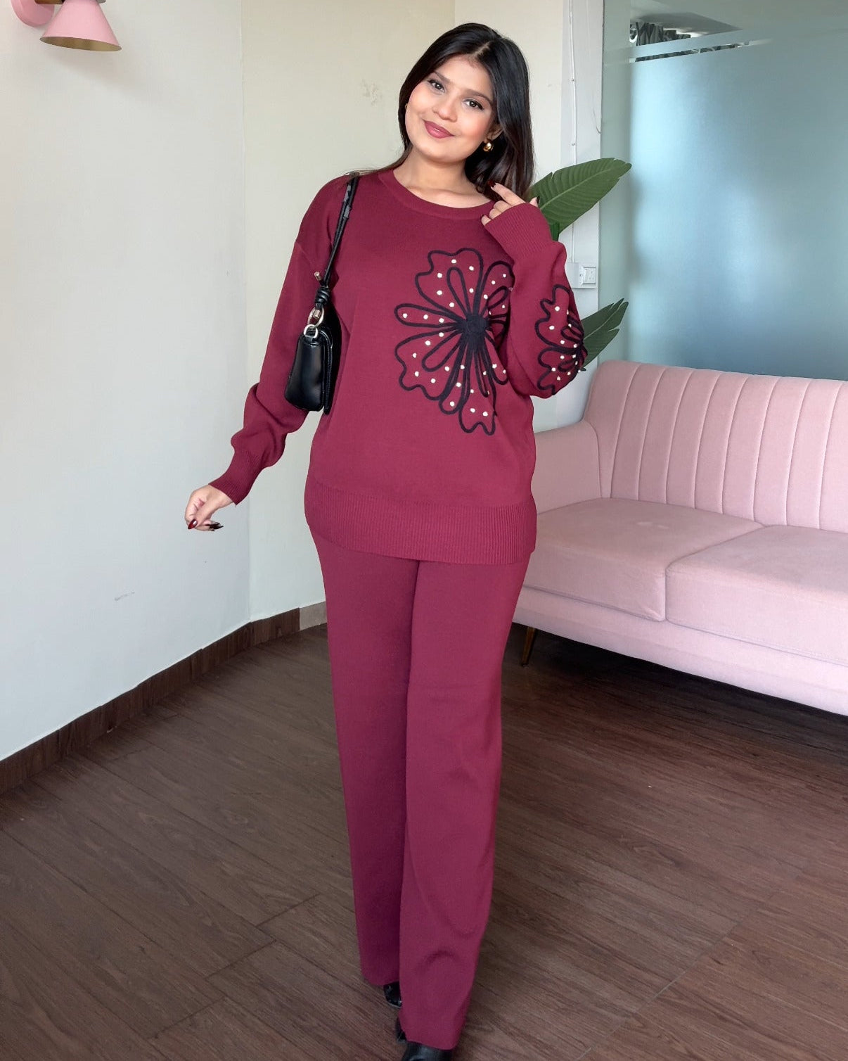 Wine Embellished Flower Detailing Co-ord Set