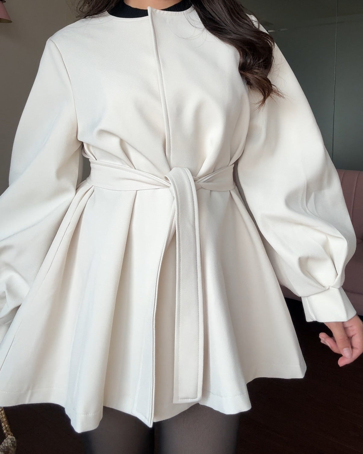 Balloon Sleeve Clip-Up Flared Mini Trench Coat With Belt