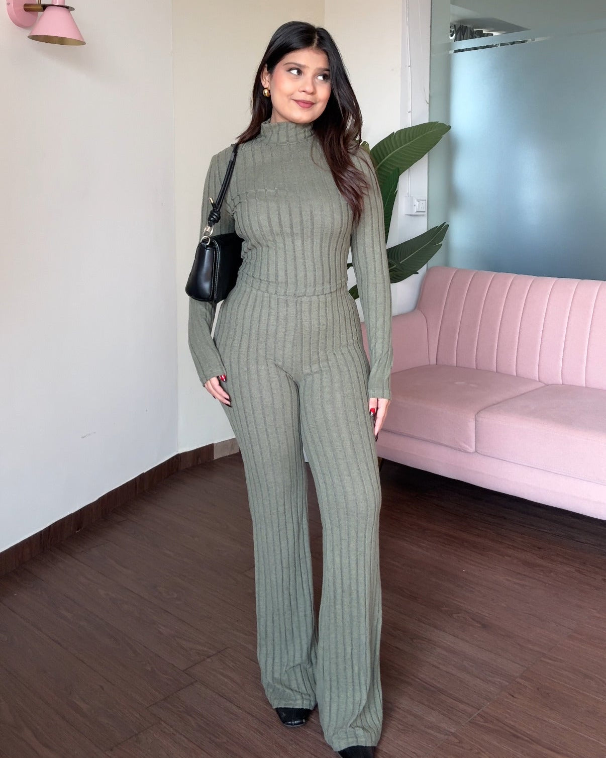 High Neck Ribbed Knitted Fit And Flared Bodycon Co-ord Set