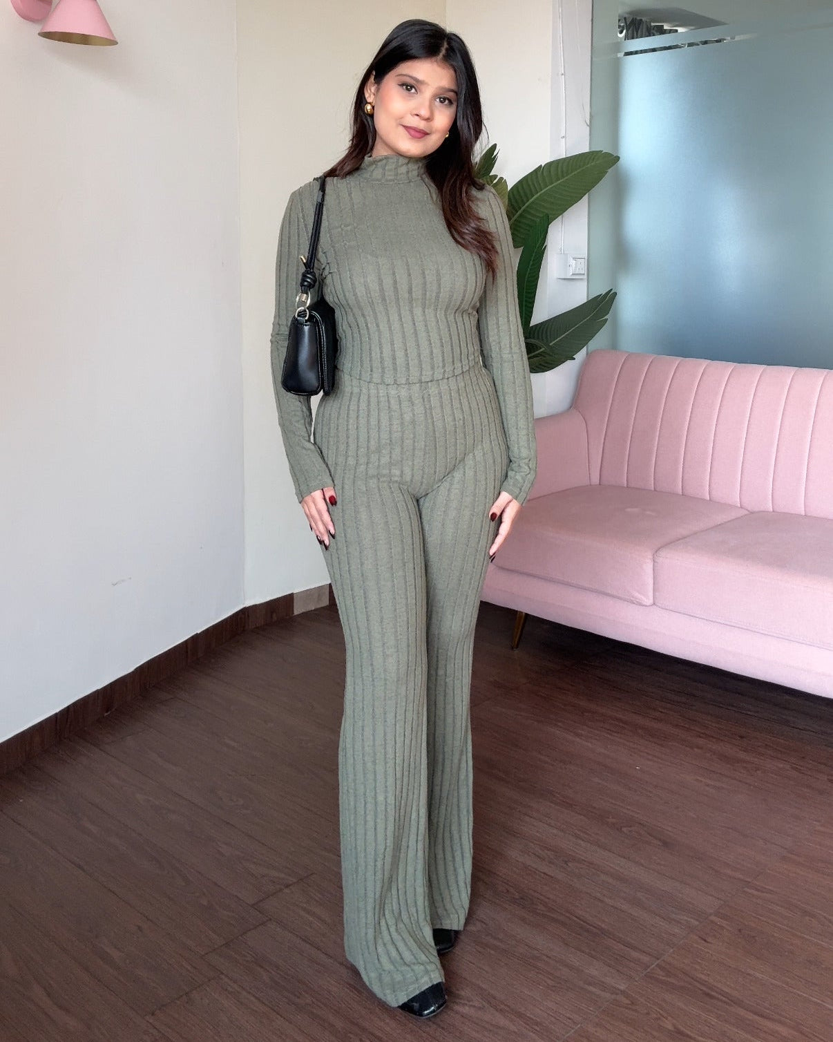 High Neck Ribbed Knitted Fit And Flared Bodycon Co-ord Set