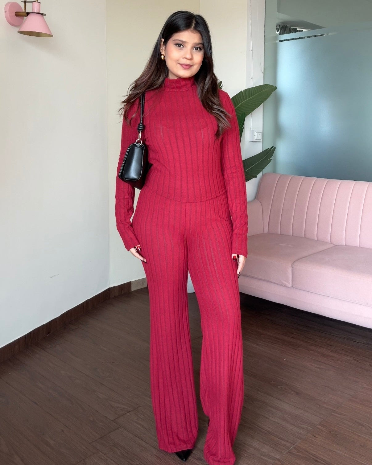 High Neck Ribbed Knitted Fit And Flared Bodycon Co-ord Set