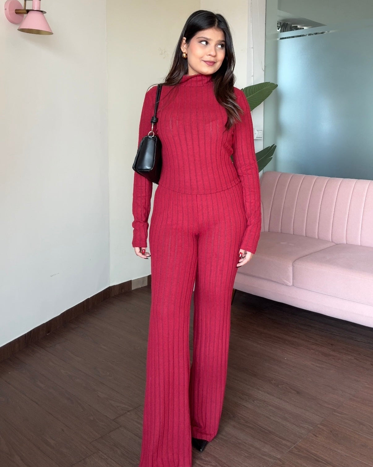 High Neck Ribbed Knitted Fit And Flared Bodycon Co-ord Set