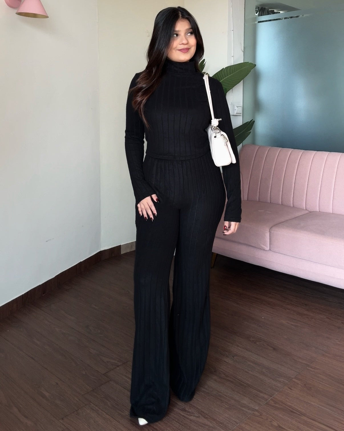 High Neck Ribbed Knitted Fit And Flared Bodycon Co-ord Set