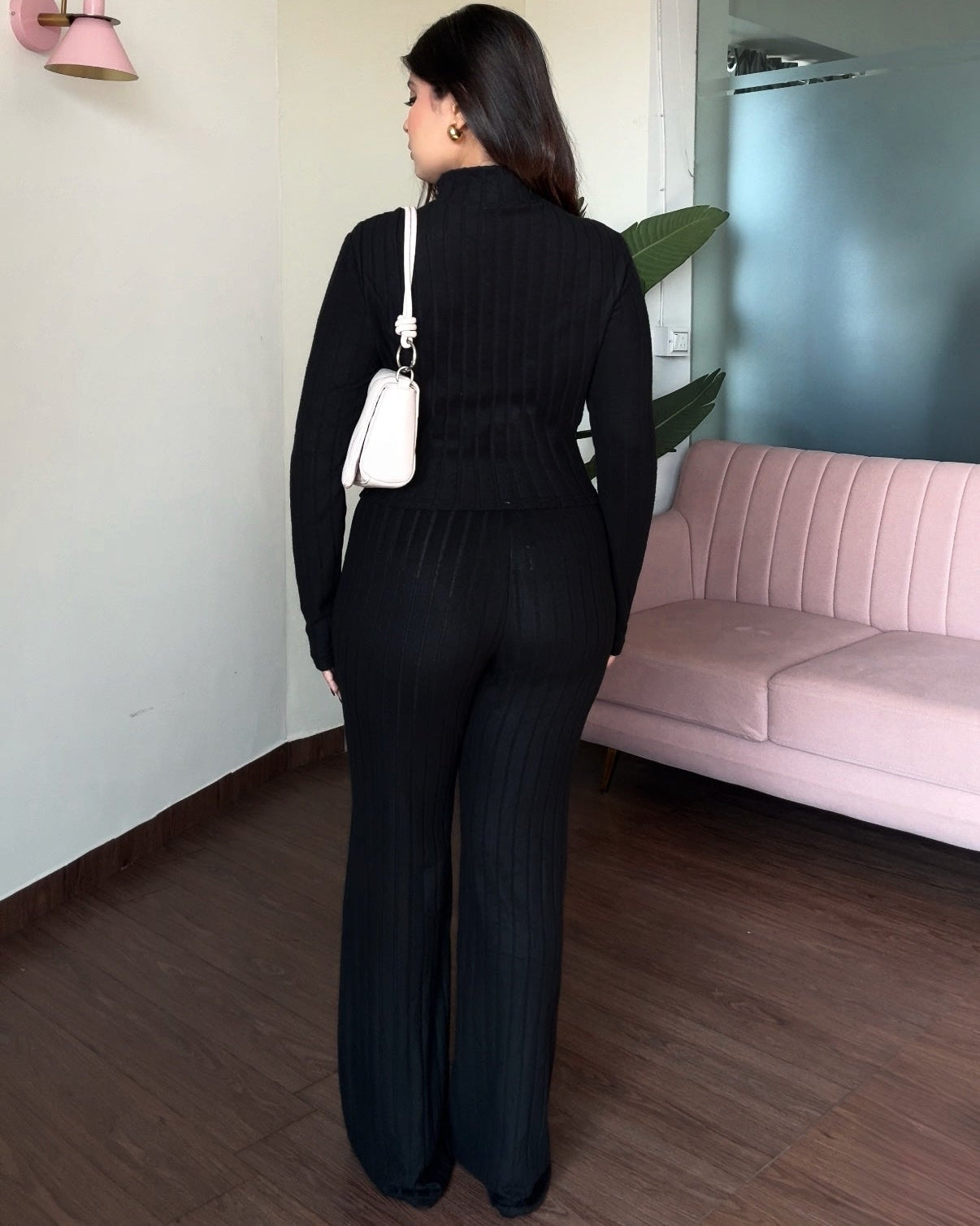 High Neck Ribbed Knitted Fit And Flared Bodycon Co-ord Set